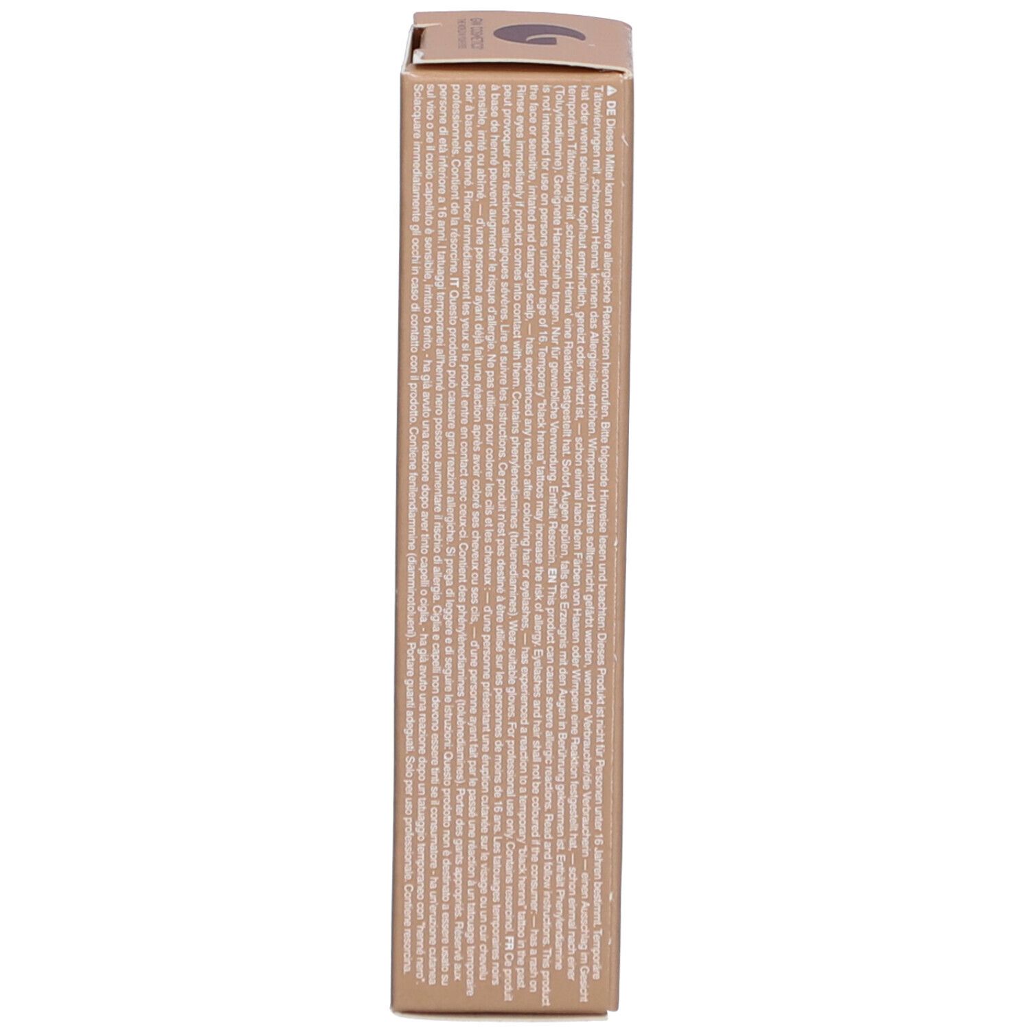 Côté de l'emballage Refectocil. Texte multilingue. Emballage beige.