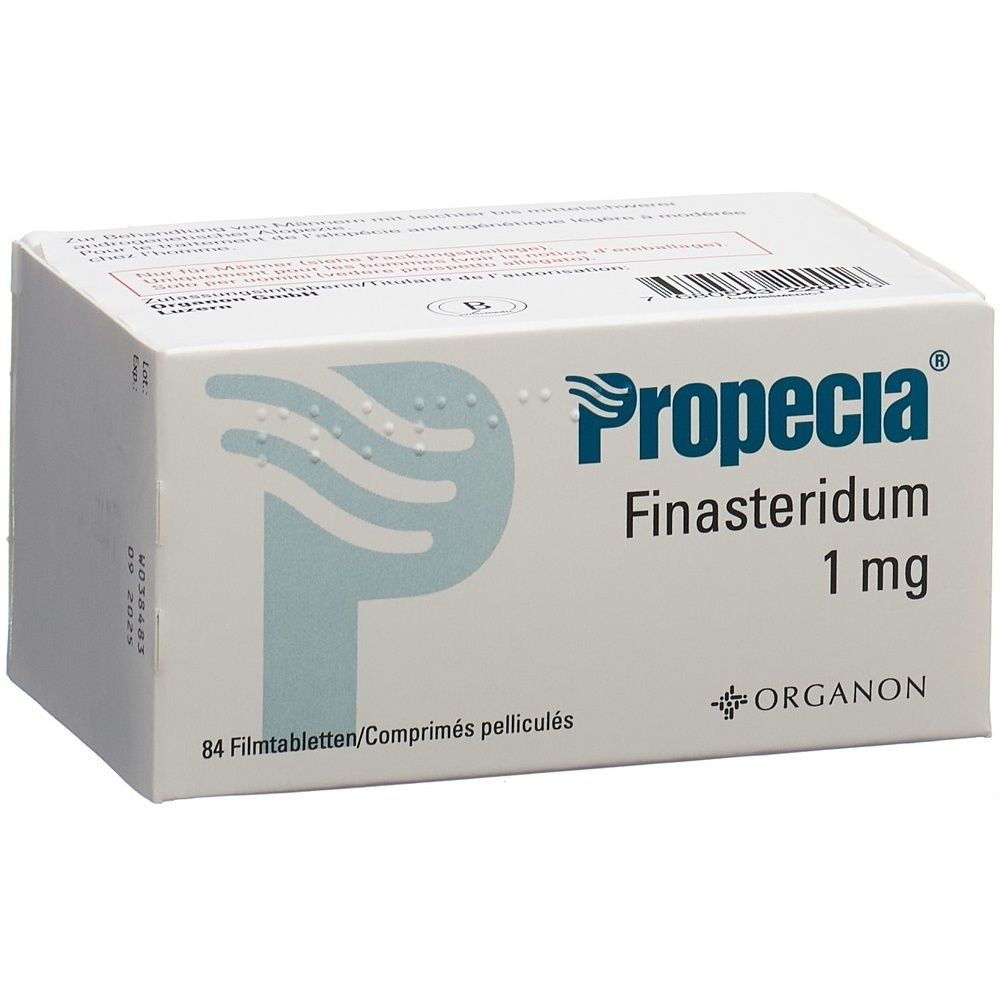 Weiße Schachtel mit "Propecia Finasteridum 1 mg". Enthält 84 Filmtabletten. Marke Organon.