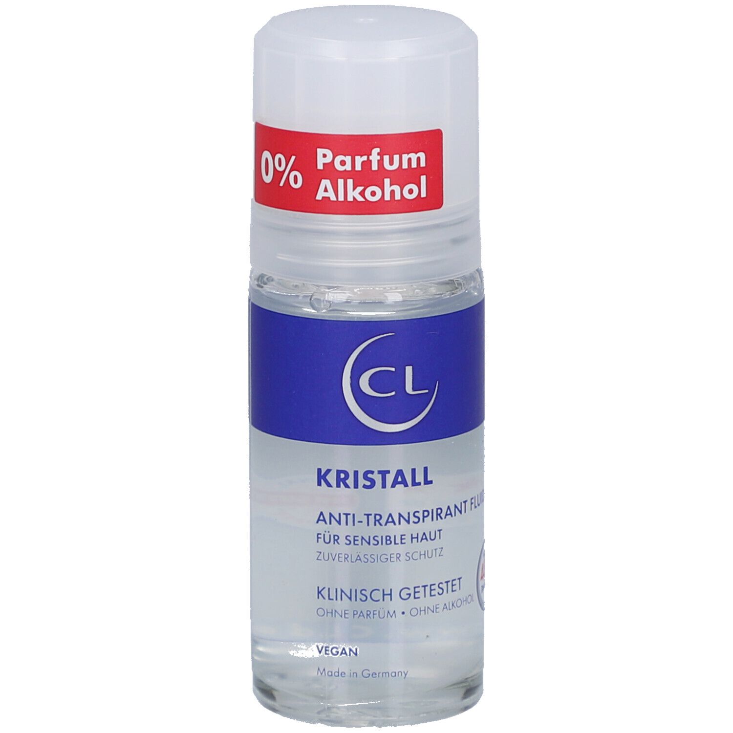 Roll-on-Flasche mit weißem Deckel und blauem Etikett. Aufschrift: Kristall, Anti-Transpirant Fluid, 0% Parfum, Alkohol.