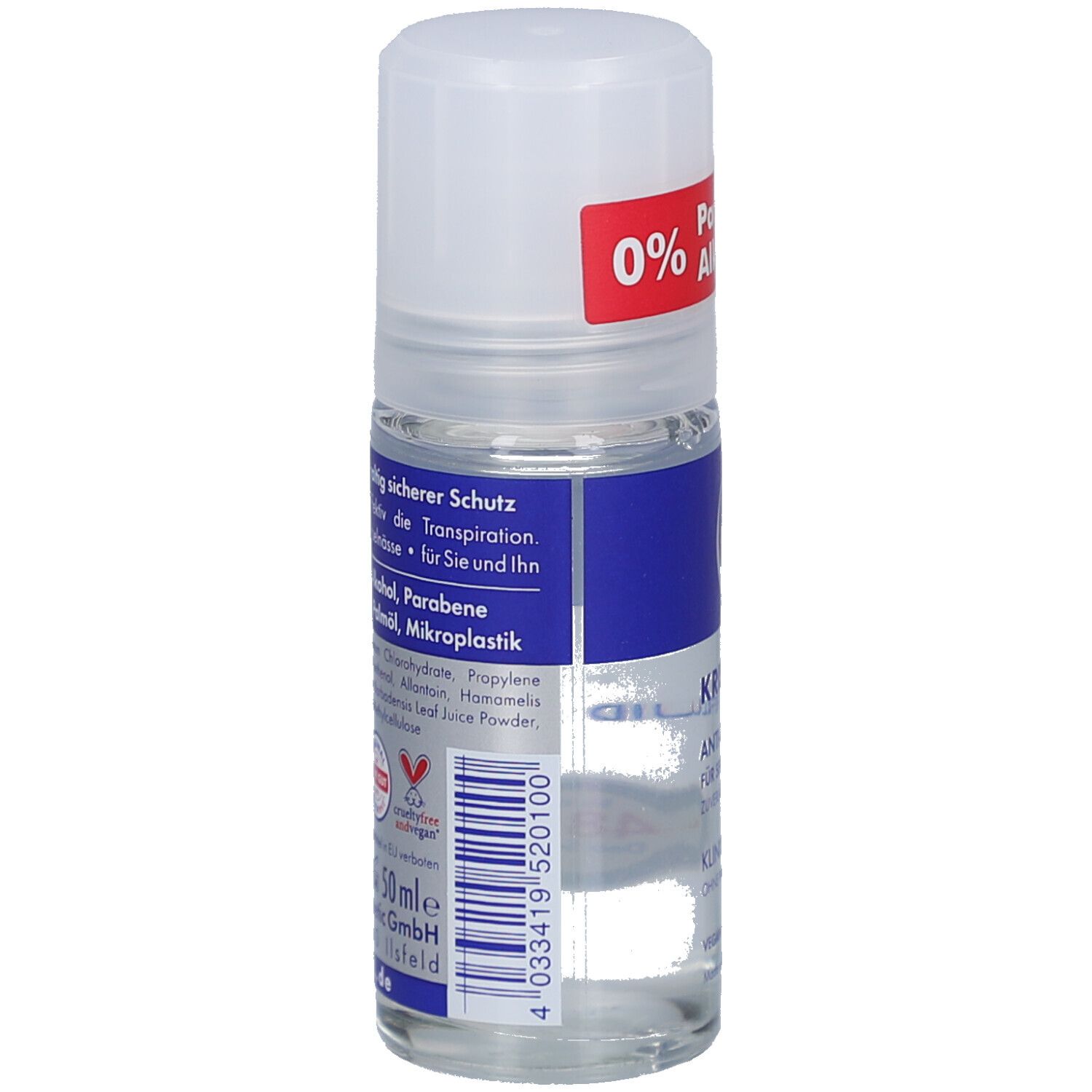 Rückansicht der Roll-on-Flasche mit weißem Deckel und blauem Etikett. Aufschrift: Kristall, Inhaltsstoffe, Vegan-Logo, 50 ml.