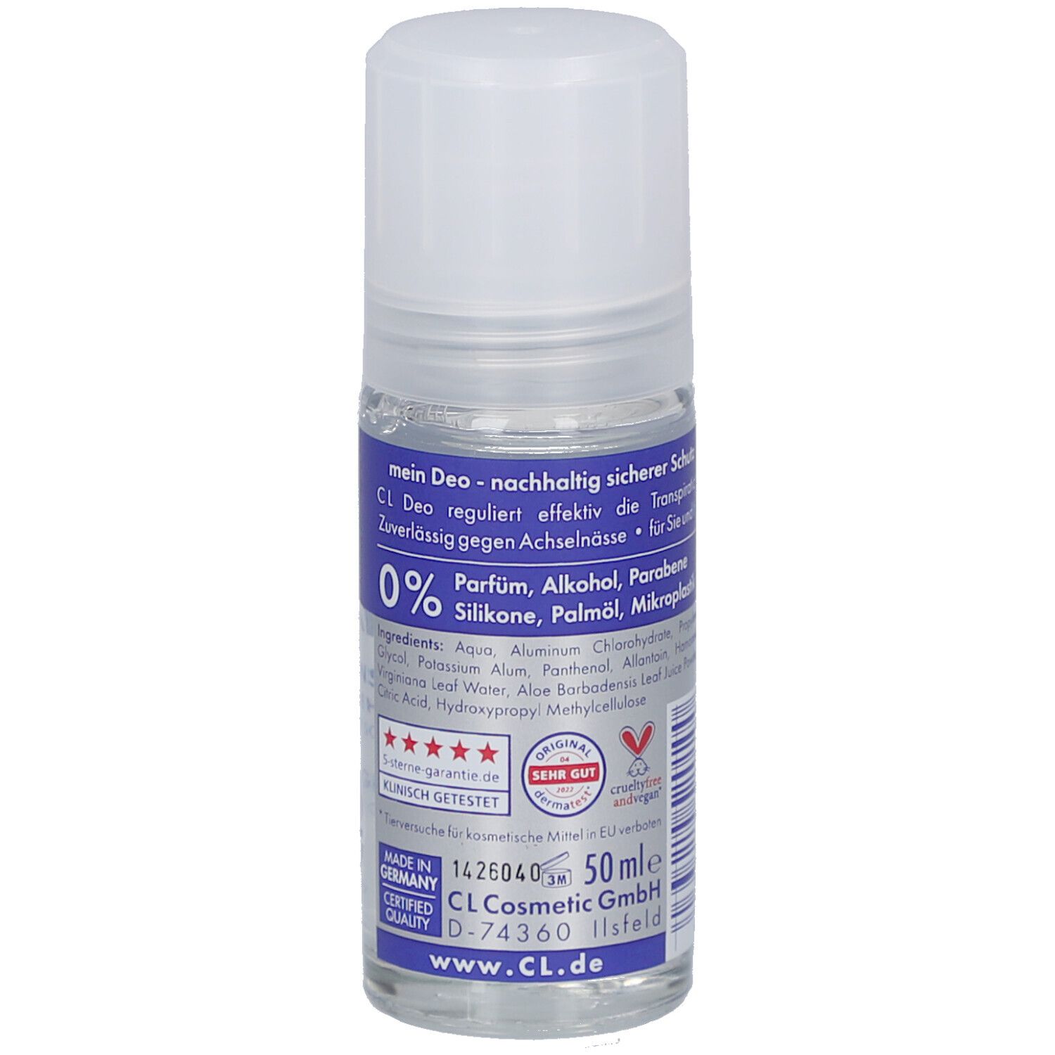 Roll-on-Flasche mit weißem Deckel und blauem Etikett. Aufschrift: Kristall, 0% Parfum, Alkohol, Vegan-Logo, 50 ml, Sehr Gut.