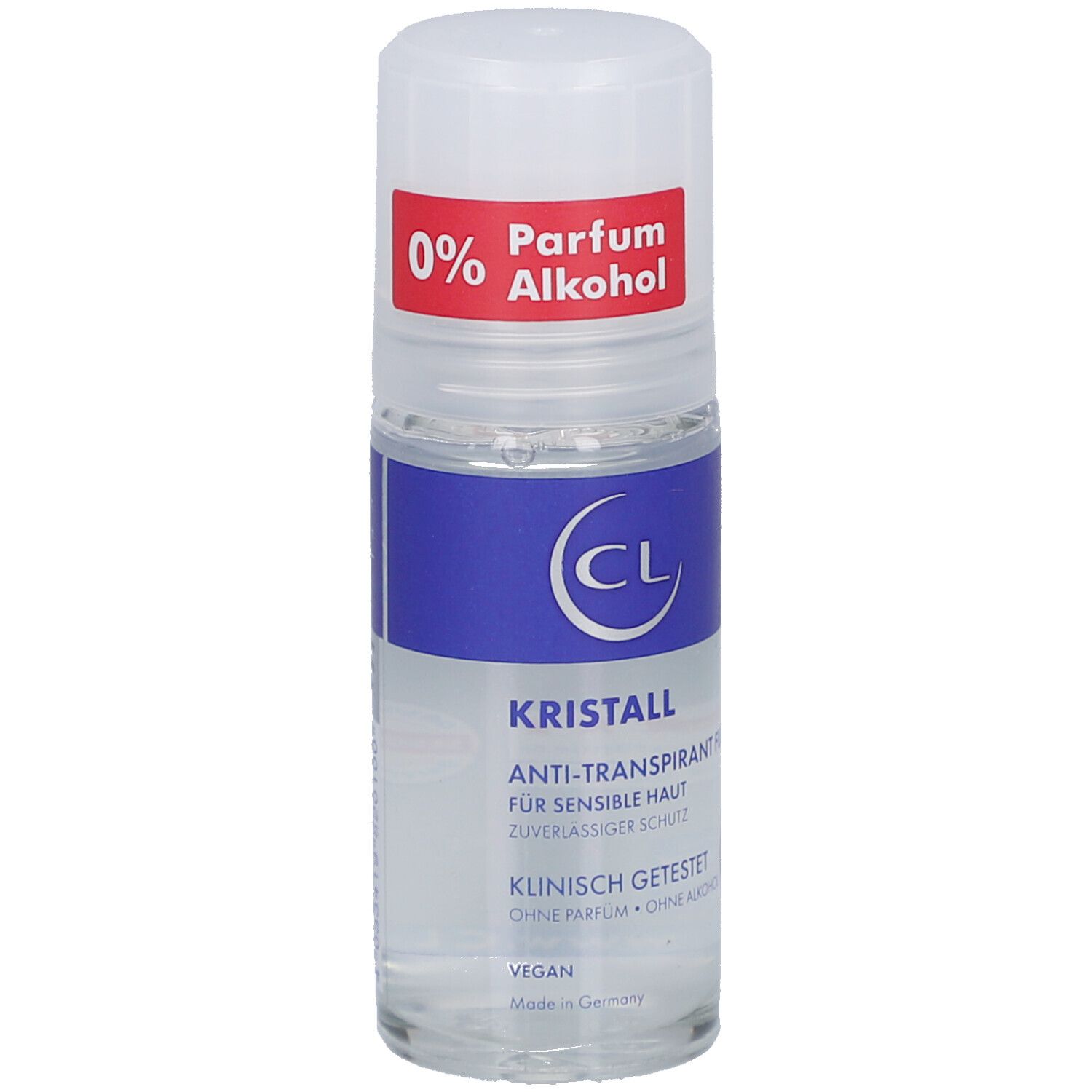 Roll-on-Flasche mit weißem Deckel und blauem Etikett. Aufschrift: Kristall, Anti-Transpirant Fluid, 0% Parfum, Alkohol.