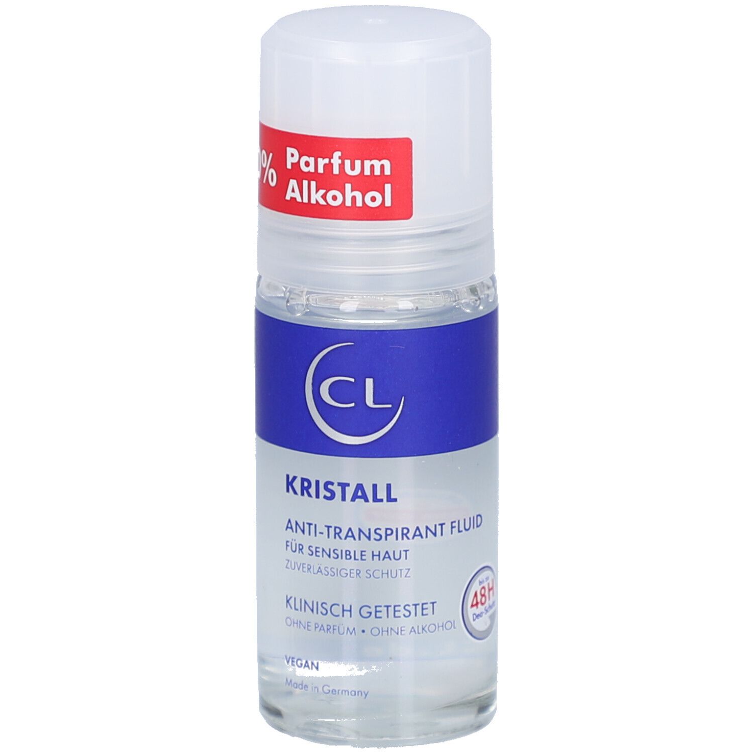 Roll-on-Flasche mit weißem Deckel und blauem Etikett. Aufschrift: Kristall, Anti-Transpirant Fluid, 0% Parfum, Alkohol, 48H.