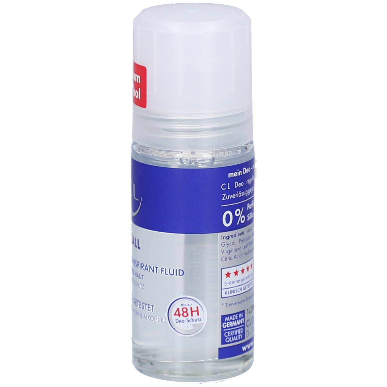 Roll-on-Flasche mit weißem Deckel und blauem Etikett. Aufschrift: Kristall, 0% Parfum, Alkohol, 48H, Inhaltsstoffe, Vegan.