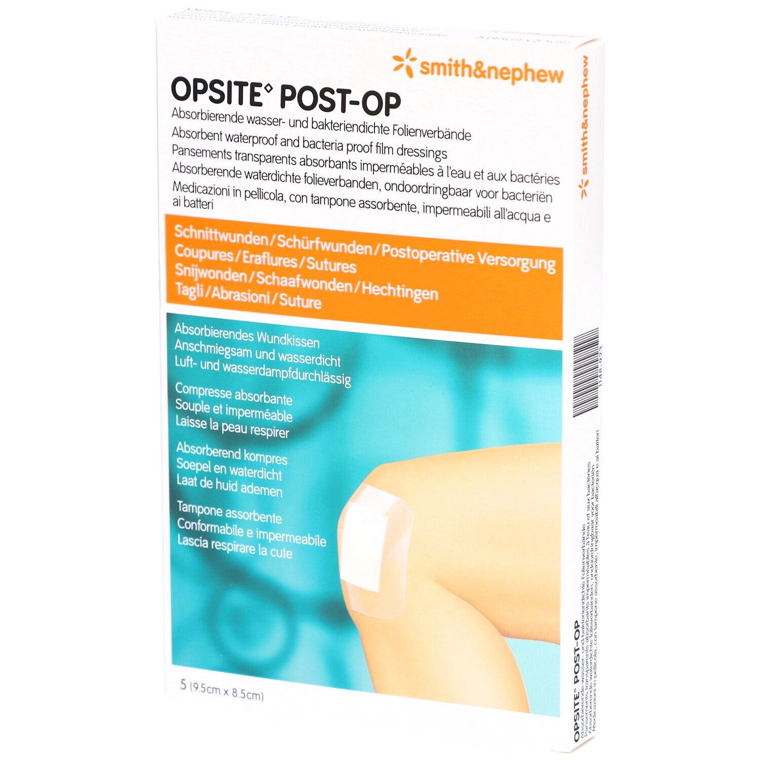 Verpackung von OPSITE® Post-Op Folienverbänden. Zeigt ein Pflaster auf einem Knie. 5 Stück, 9,5 x 8,5 cm.