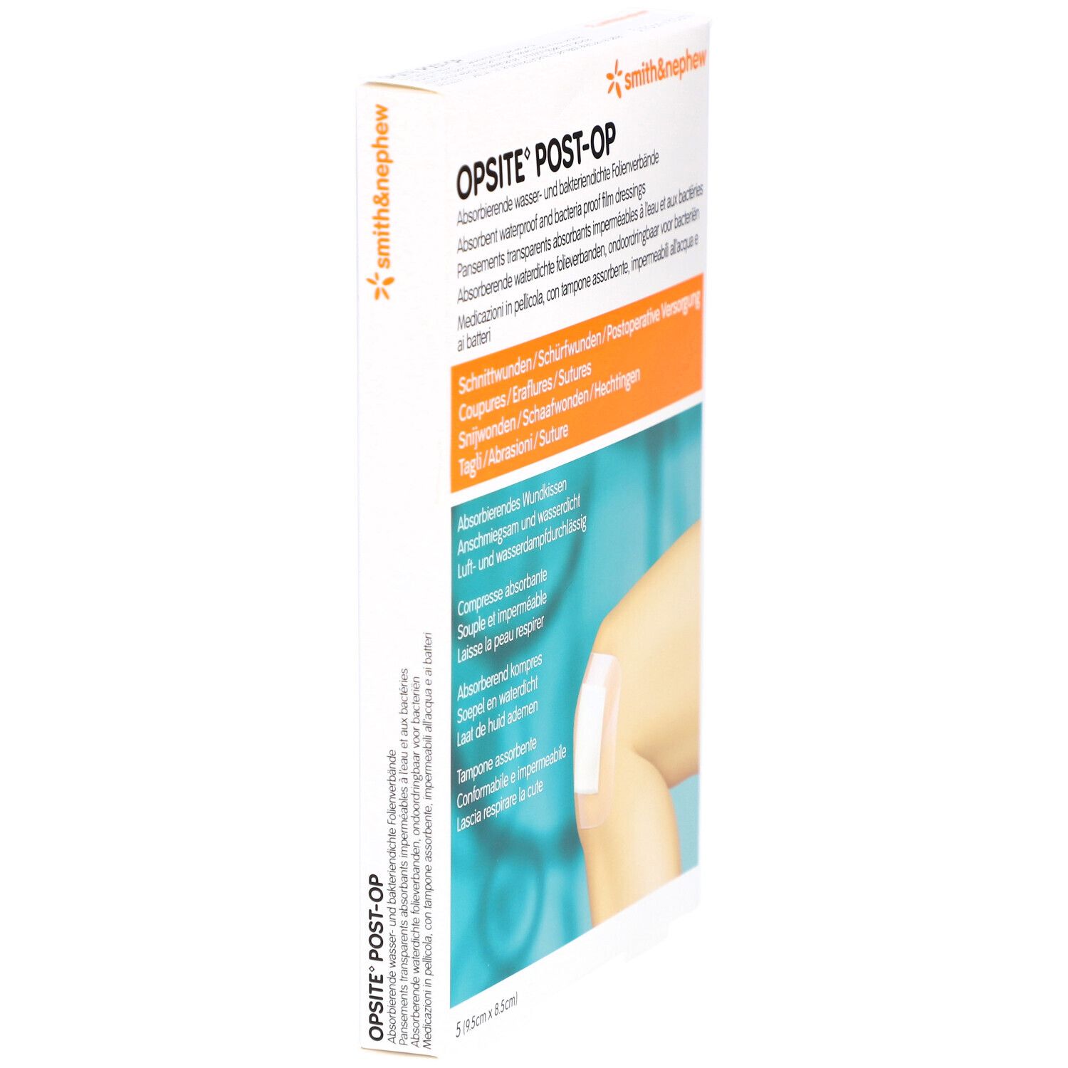 Verpackung von OPSITE® Post-Op Folienverbänden. Seitenansicht. Text und Logo von Smith & Nephew.