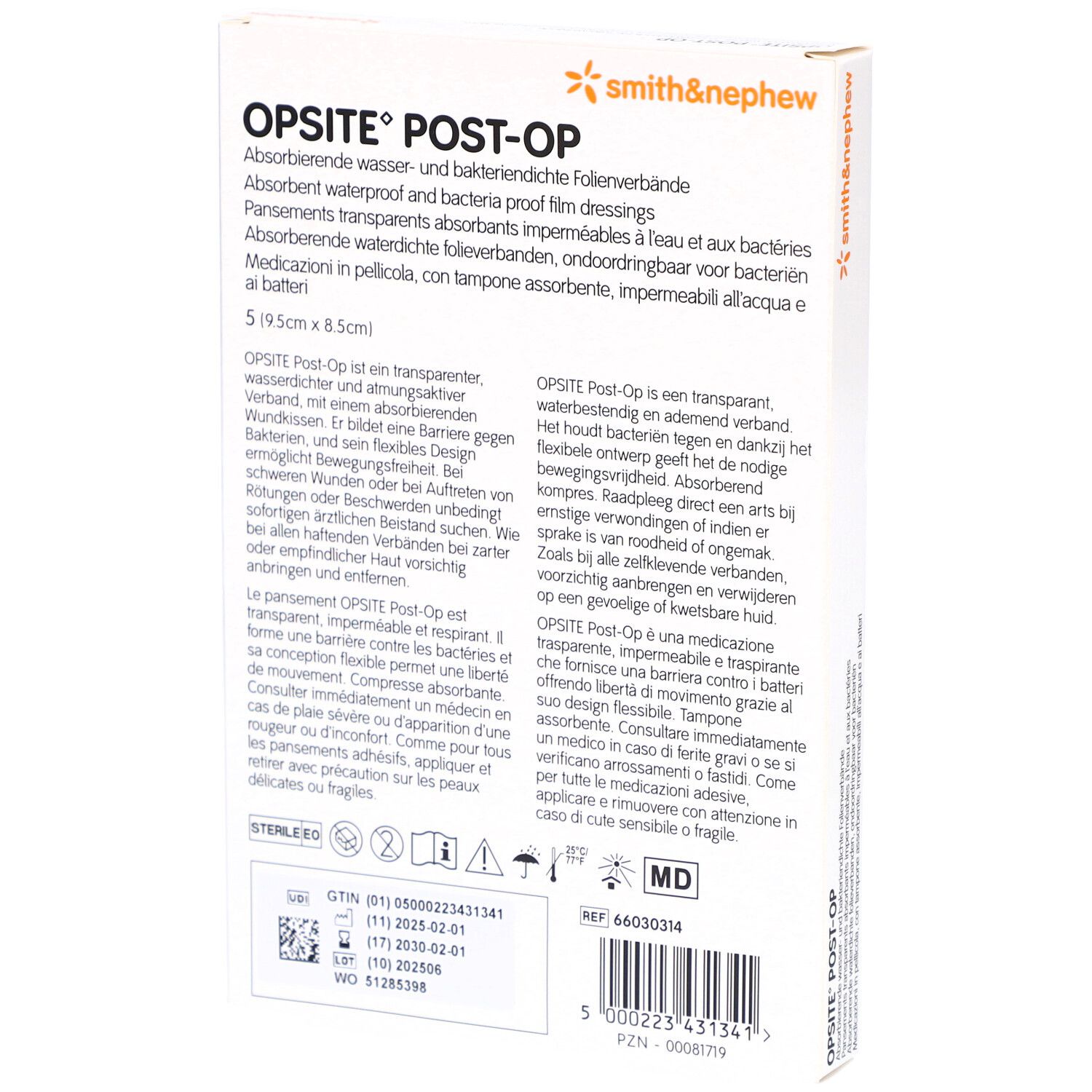 Rückseite der OPSITE® Post-Op Verpackung. Text in mehreren Sprachen. Logo und Informationen.