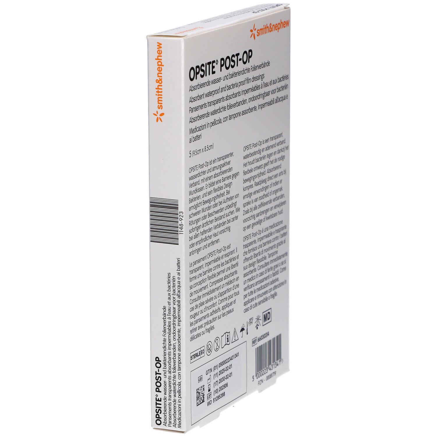Seitenansicht der OPSITE® Post-Op Verpackung. Text und Logos sind sichtbar.