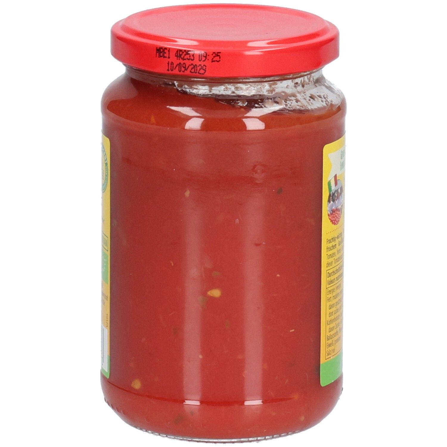 Glas mit Tomatensauce Toskana, Seitenansicht. Roter Deckel. Sichtbares Mindesthaltbarkeitsdatum auf dem Deckel.