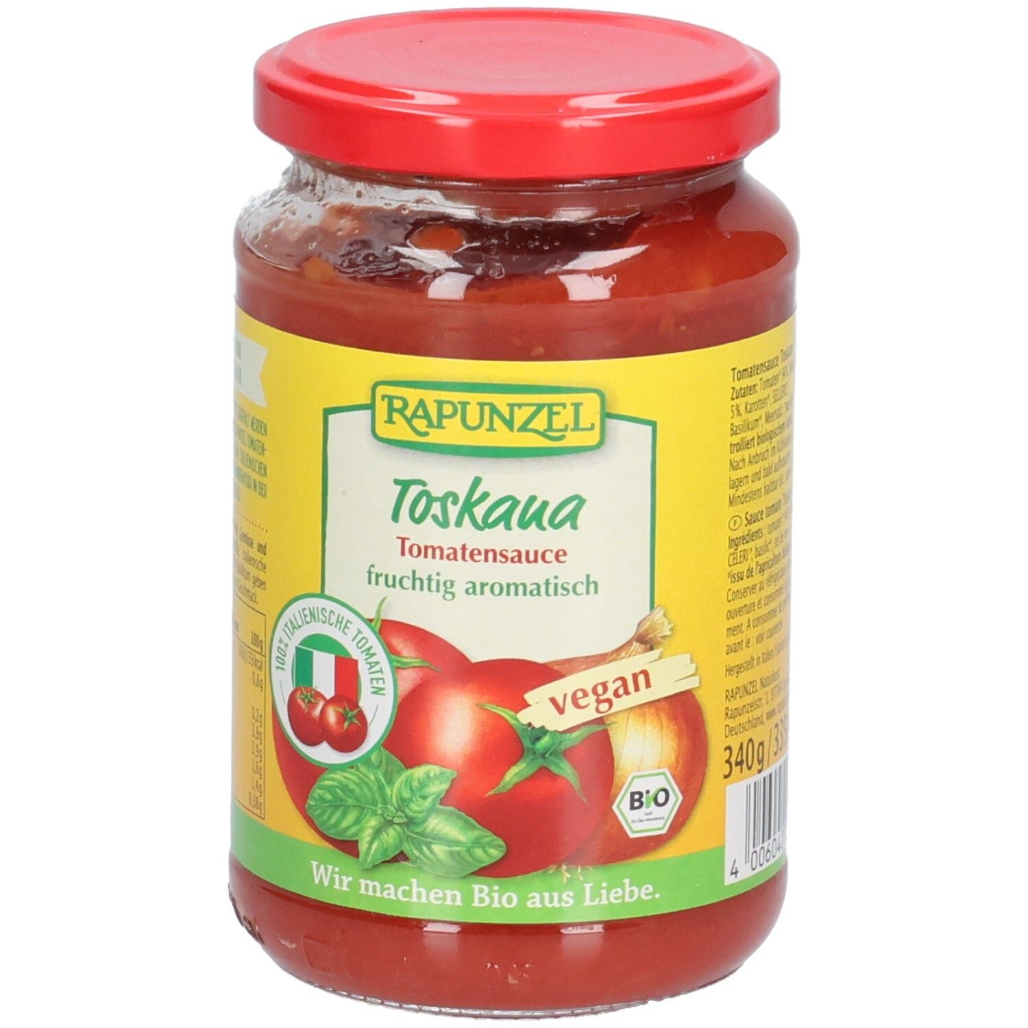 Glas mit Tomatensauce Toskana. Etikett mit Produktname, Tomaten-Illustration, vegan-Logo und Bio-Siegel. Roter Deckel.