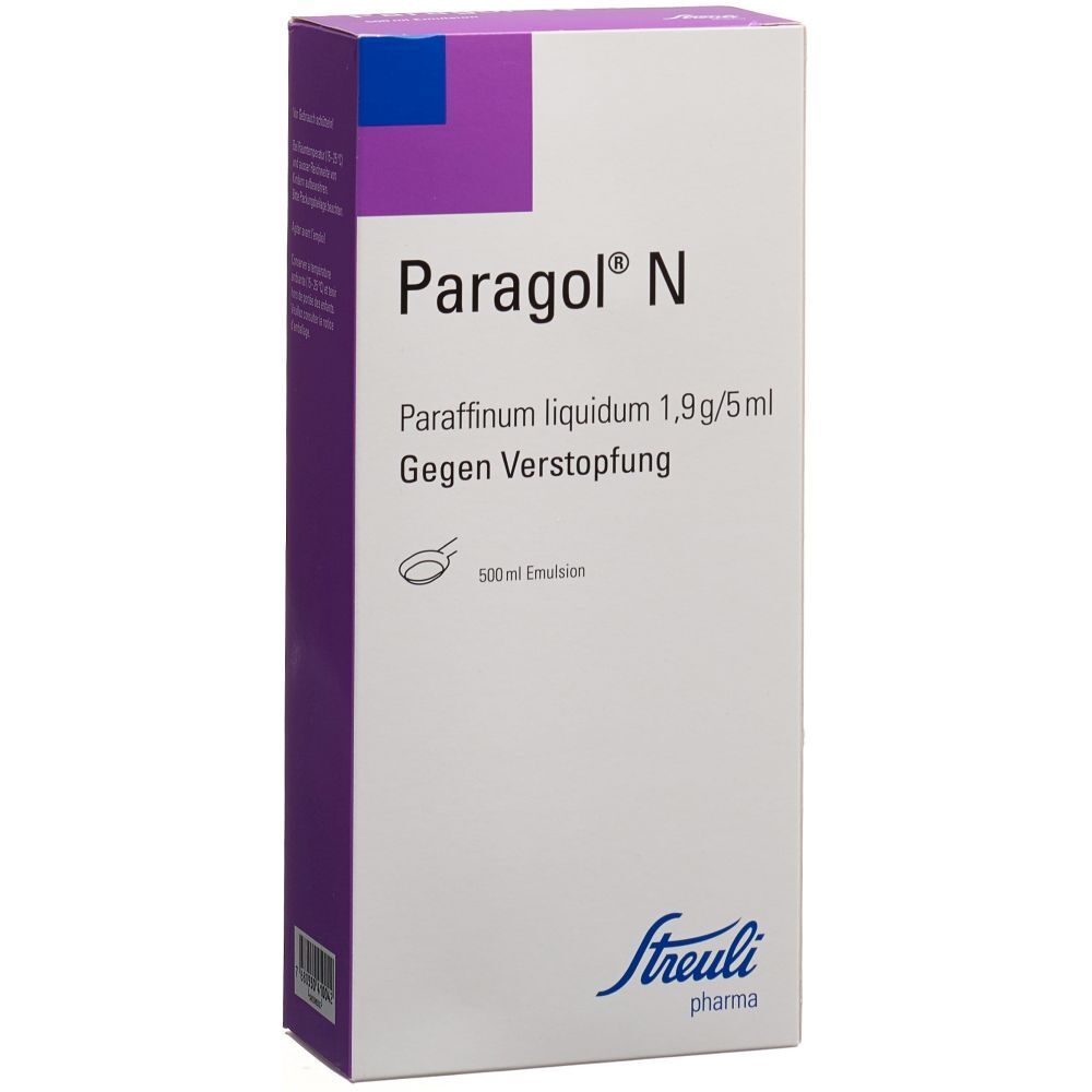 Verpackung von Paragol N. Weiß, lila und blau. Schriftzug Paragol N. Enthält Paraffinum liquidum. Marke Streuli pharma.