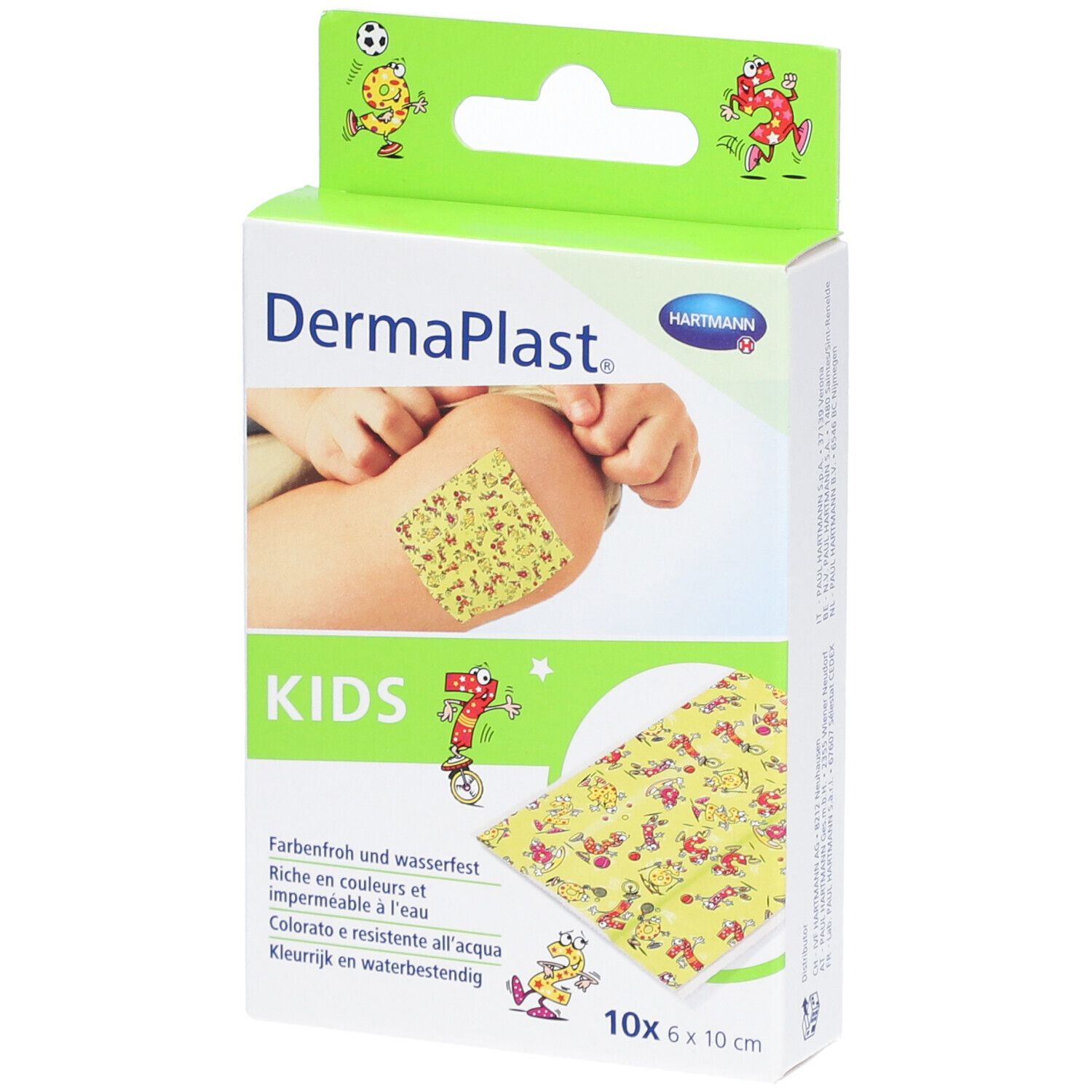 Verpackung von Dermaplast Kids Pflastern. Gelbe Pflaster mit bunten Motiven, 6 x 10 cm. Marke und Produktname deutlich sichtbar.