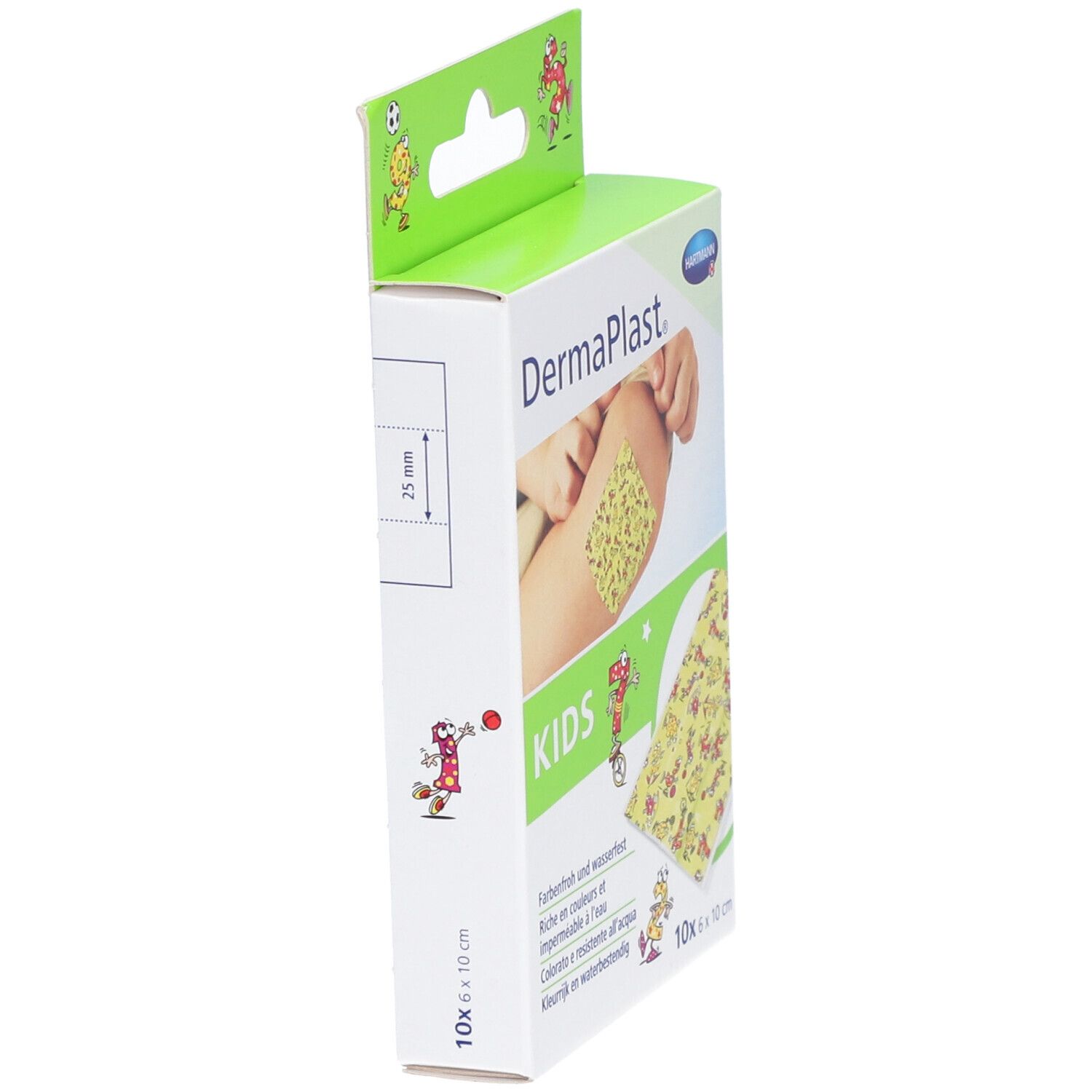 Seitenansicht der Dermaplast Kids Pflasterverpackung. Zeigt ein Pflaster auf einem Arm. Größe 6 x 10 cm. Marke und Produktname sichtbar.