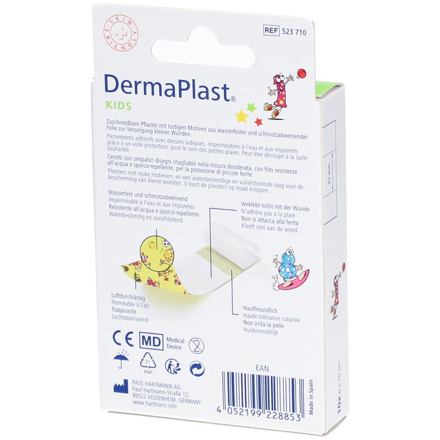 Rückseite der Dermaplast Kids Pflasterverpackung. Informationen zu Inhaltsstoffen und Hersteller. Medizinprodukt-Kennzeichnung.