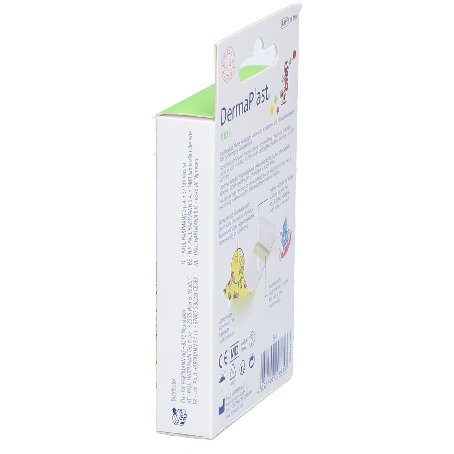 Seitenansicht der Dermaplast Kids Pflasterverpackung. Informationen und Logos. Medizinprodukt-Kennzeichnung.