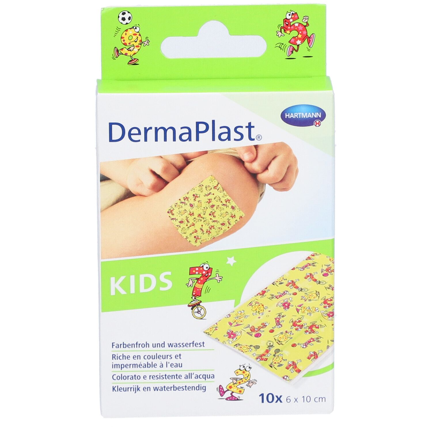 Vorderansicht der Dermaplast Kids Pflasterverpackung. Gelbe Pflaster mit bunten Motiven, 6 x 10 cm. Marke und Produktname deutlich sichtbar.