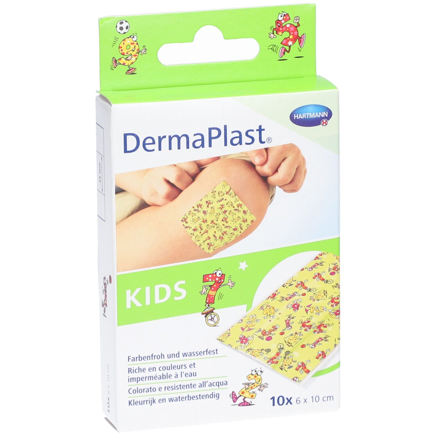Vorderansicht der Dermaplast Kids Pflasterverpackung. Gelbe Pflaster mit bunten Motiven, 6 x 10 cm. Marke und Produktname deutlich sichtbar.