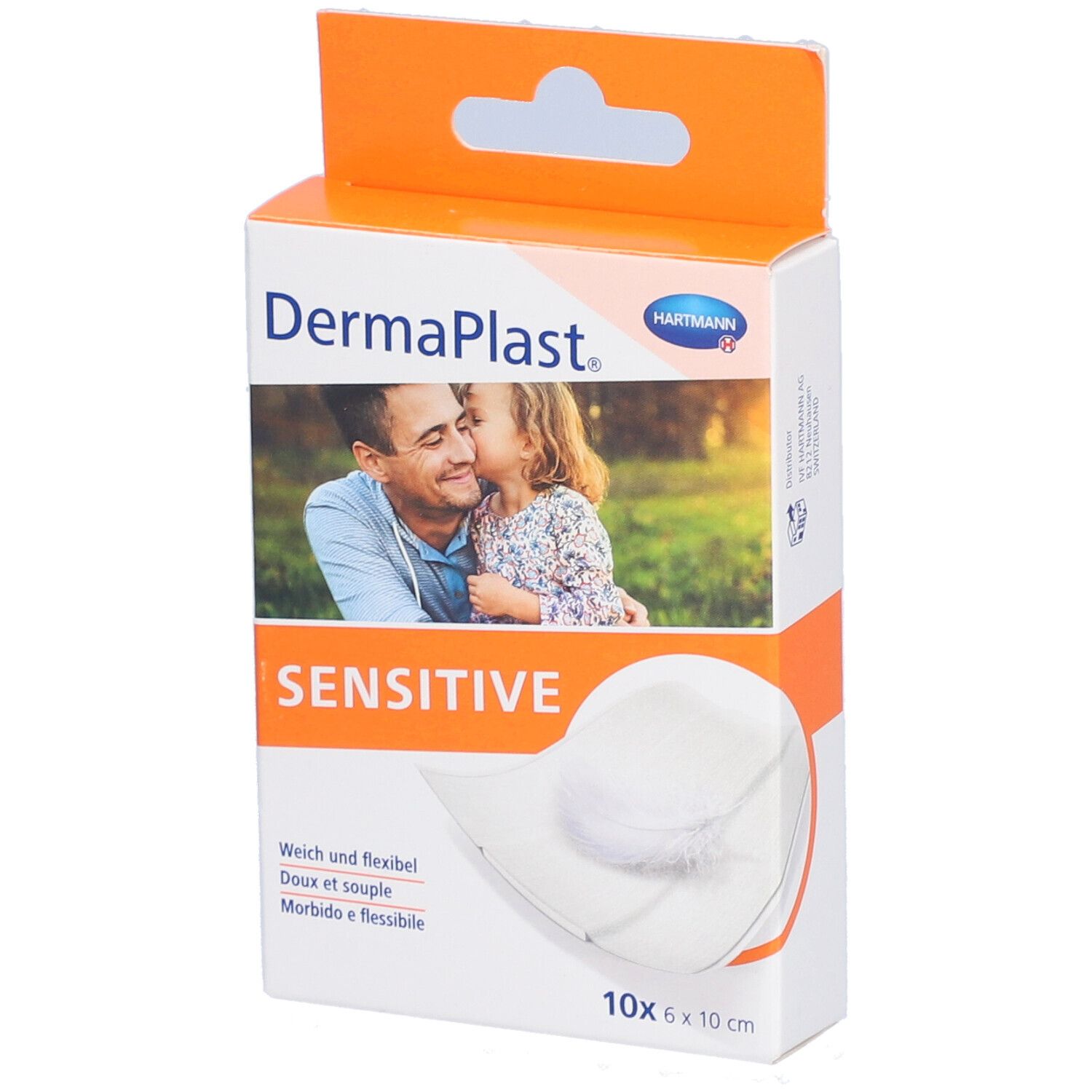 Verpackung von Dermaplast Sensitive Pflastern. 10 Stück, 6 x 10 cm. Aufdruck: HARTMANN, Sensitive, weich und flexibel.