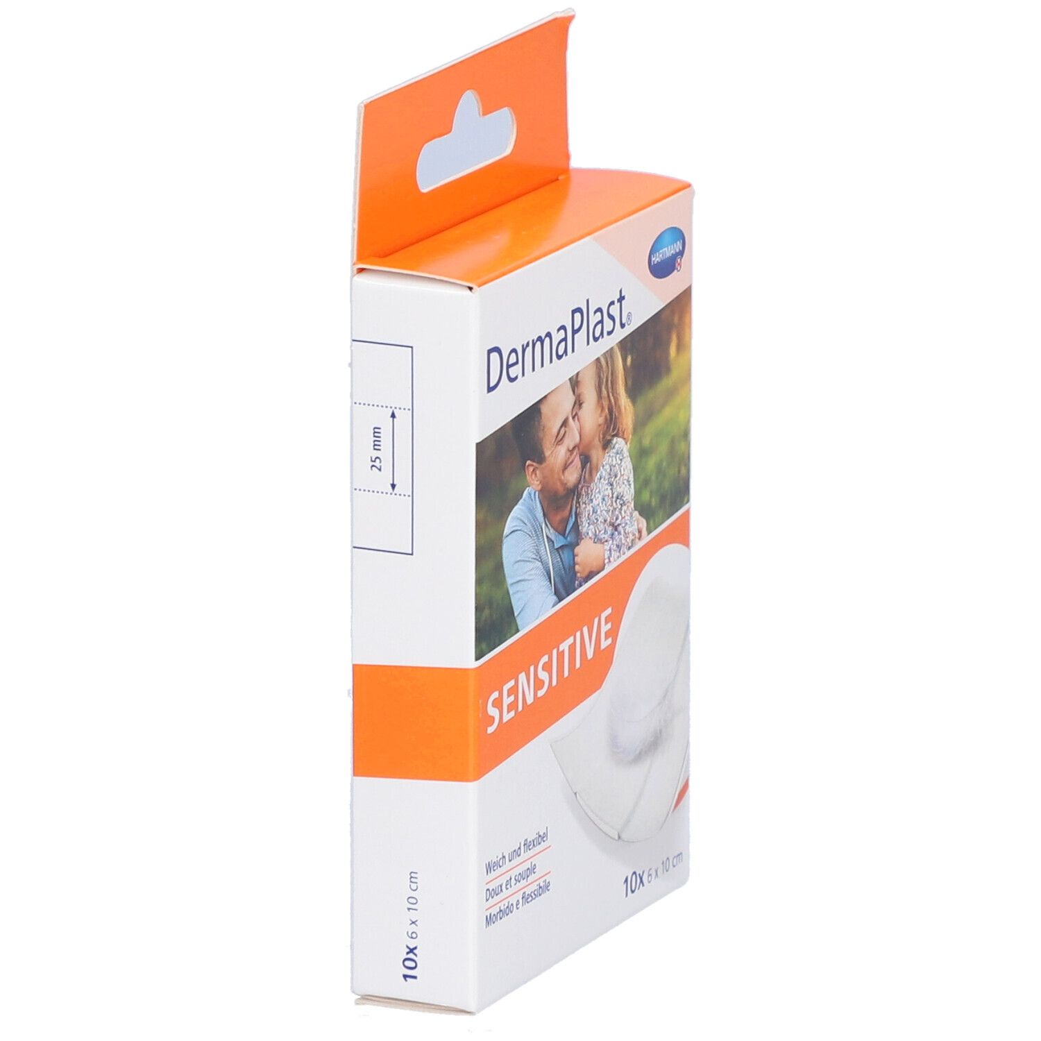Seitenansicht der Dermaplast Sensitive Pflaster-Verpackung. Zeigt die Größe 6 x 10 cm. Mit Aufhängevorrichtung.