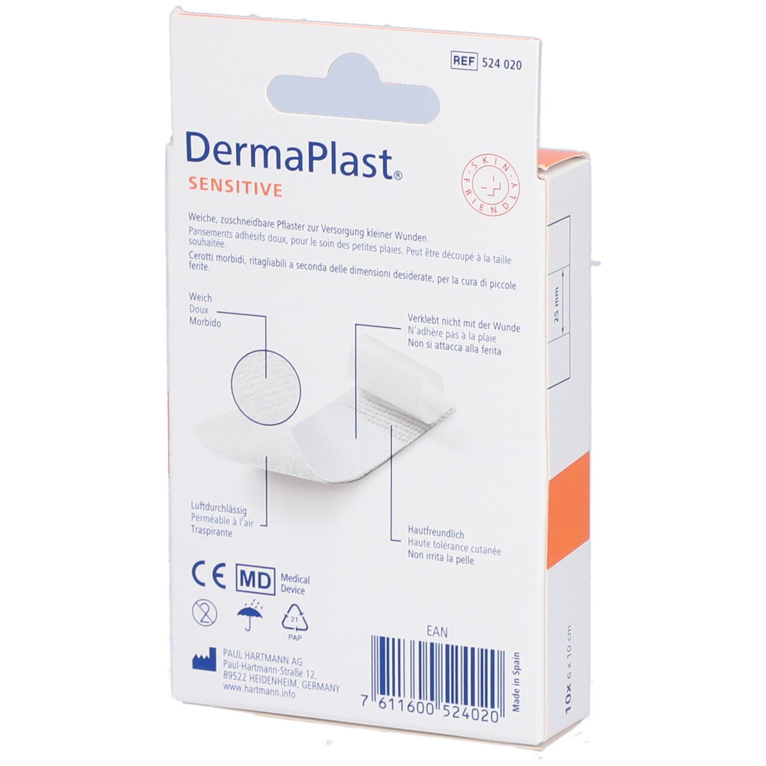 Rückseite der Dermaplast Sensitive Pflaster-Verpackung. Produktinformationen, CE-Kennzeichnung, EAN-Code.