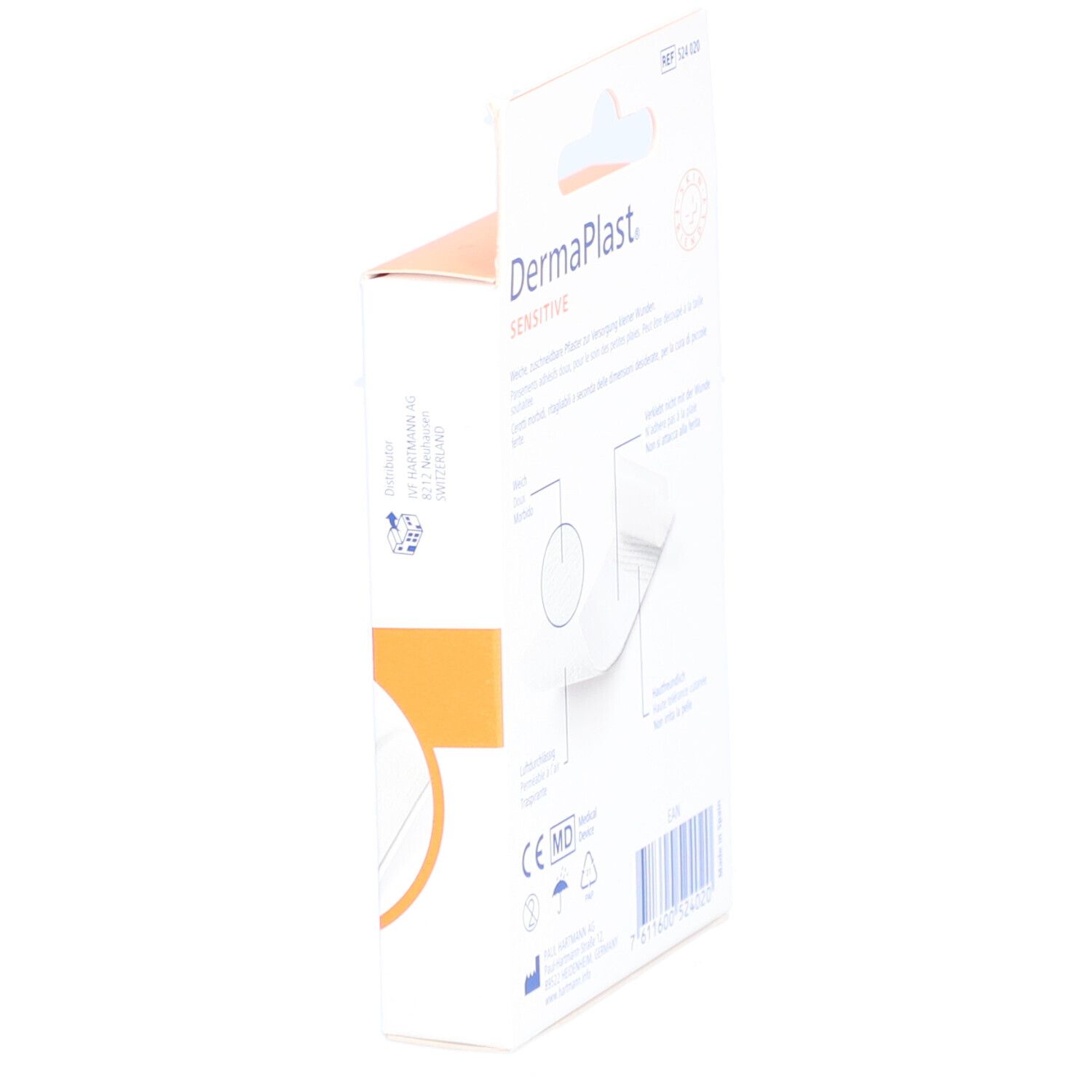 Seitenansicht der Dermaplast Sensitive Pflaster-Verpackung. Zeigt Produktinformationen und CE-Kennzeichnung.