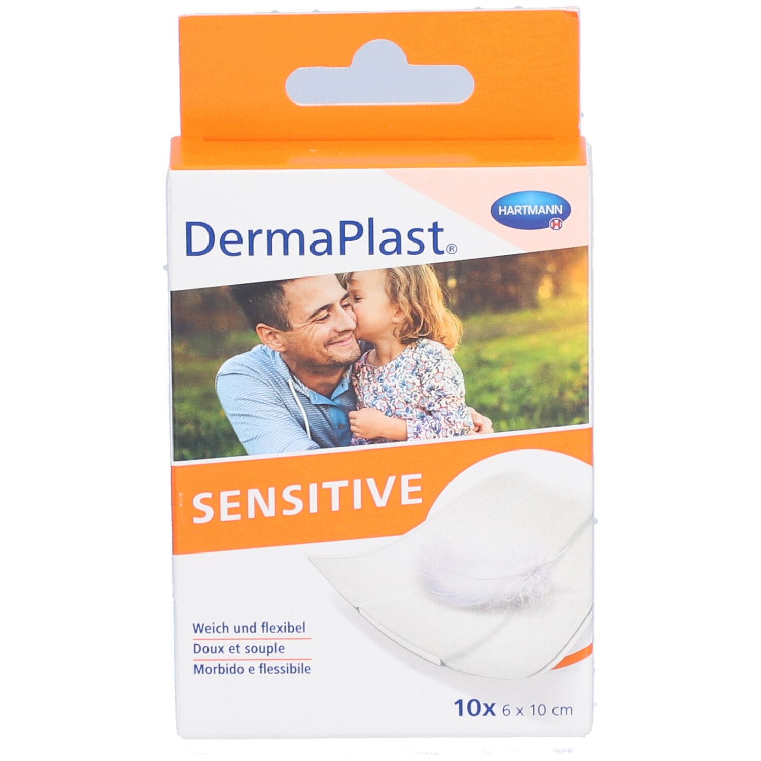 Vorderansicht der Dermaplast Sensitive Pflaster-Verpackung. 10 Stück, 6 x 10 cm. Aufdruck: HARTMANN, Sensitive.