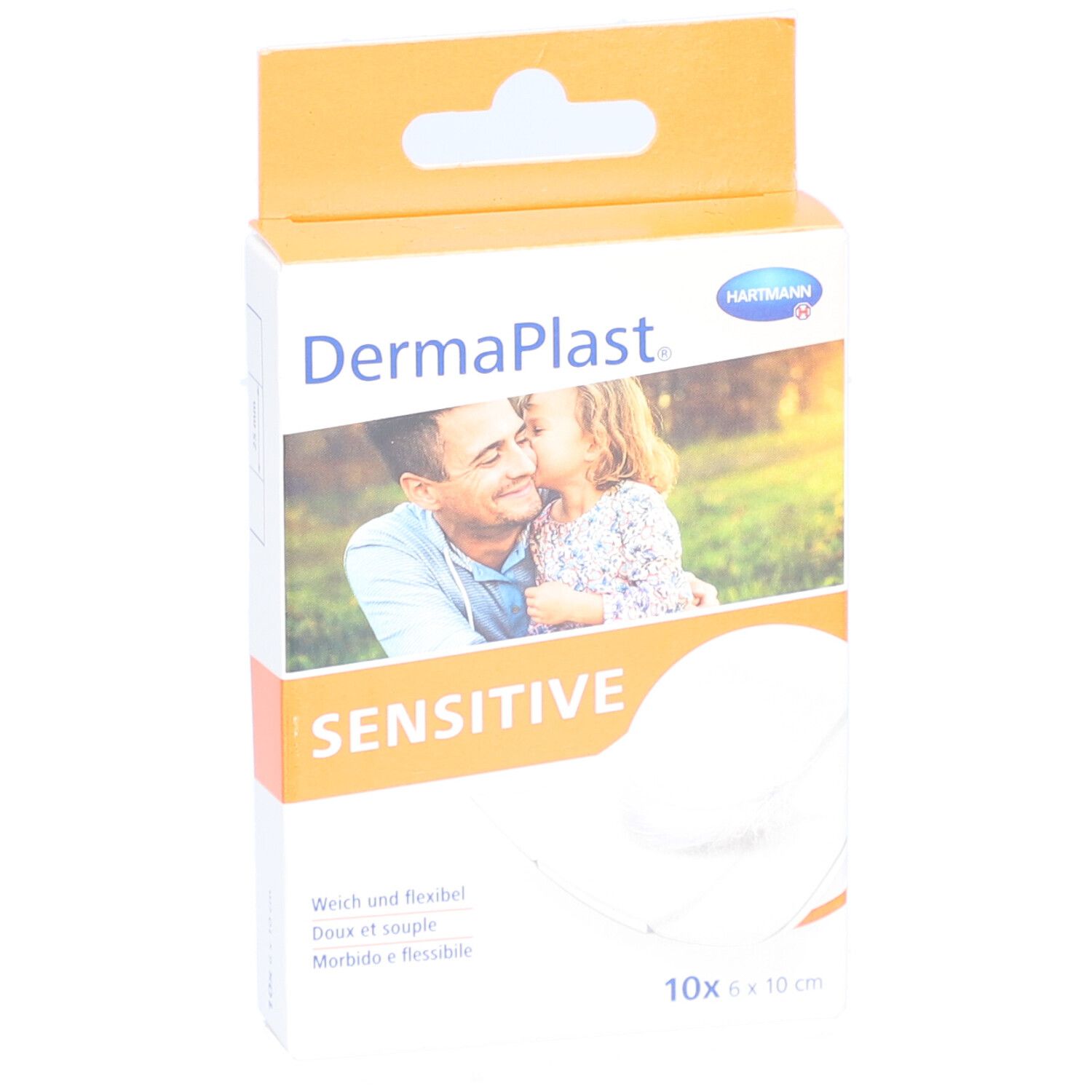 Vorderansicht der Dermaplast Sensitive Pflaster-Verpackung. Aufdruck: HARTMANN, Sensitive, 10 x 6 x 10 cm.