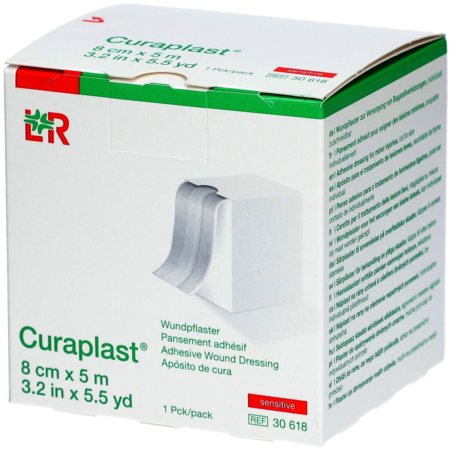 Verpackung von Curaplast Wundschnellverband. Größe: 8 cm x 5 m. Sichtbar: Produktname, Größe, grüne und weiße Box.
