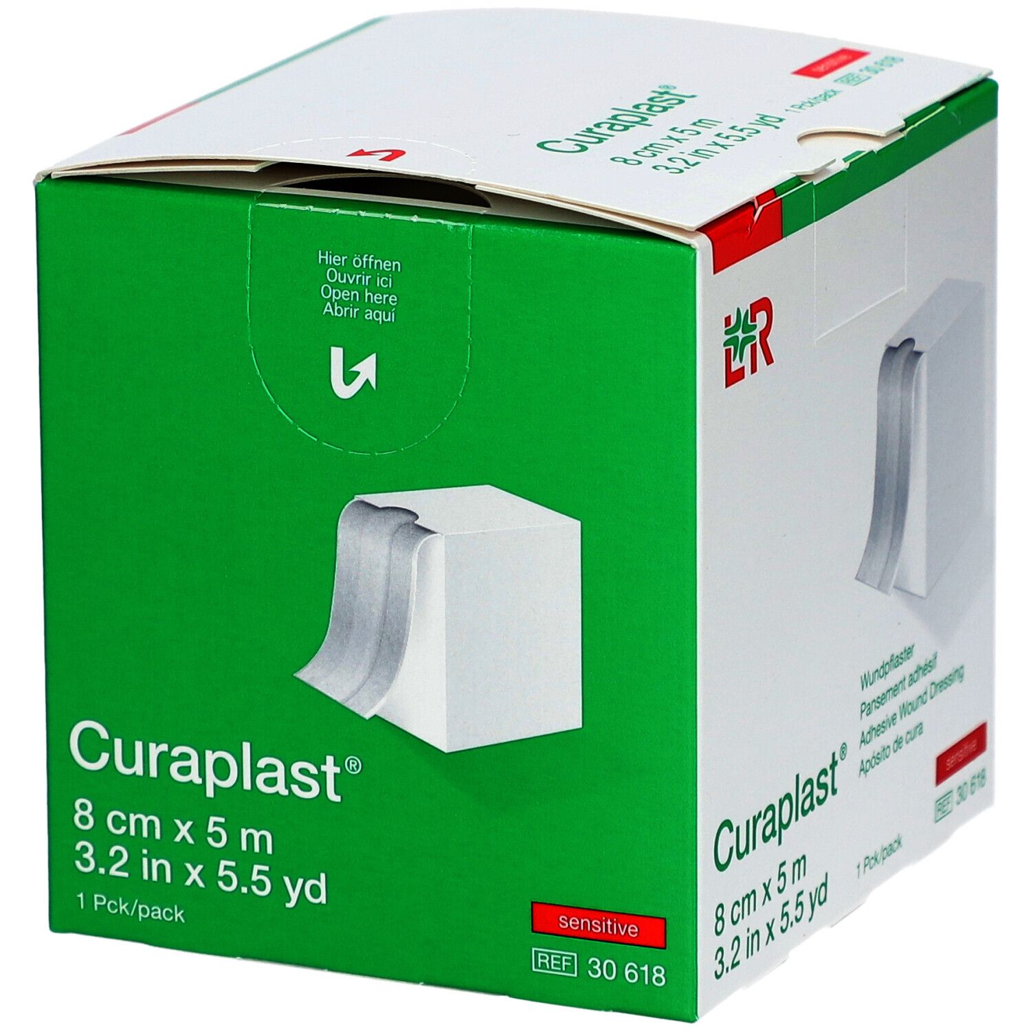 Verpackung von Curaplast Wundschnellverband. Größe: 8 cm x 5 m. Sichtbar: Produktname, Größe, grüne und weiße Box.