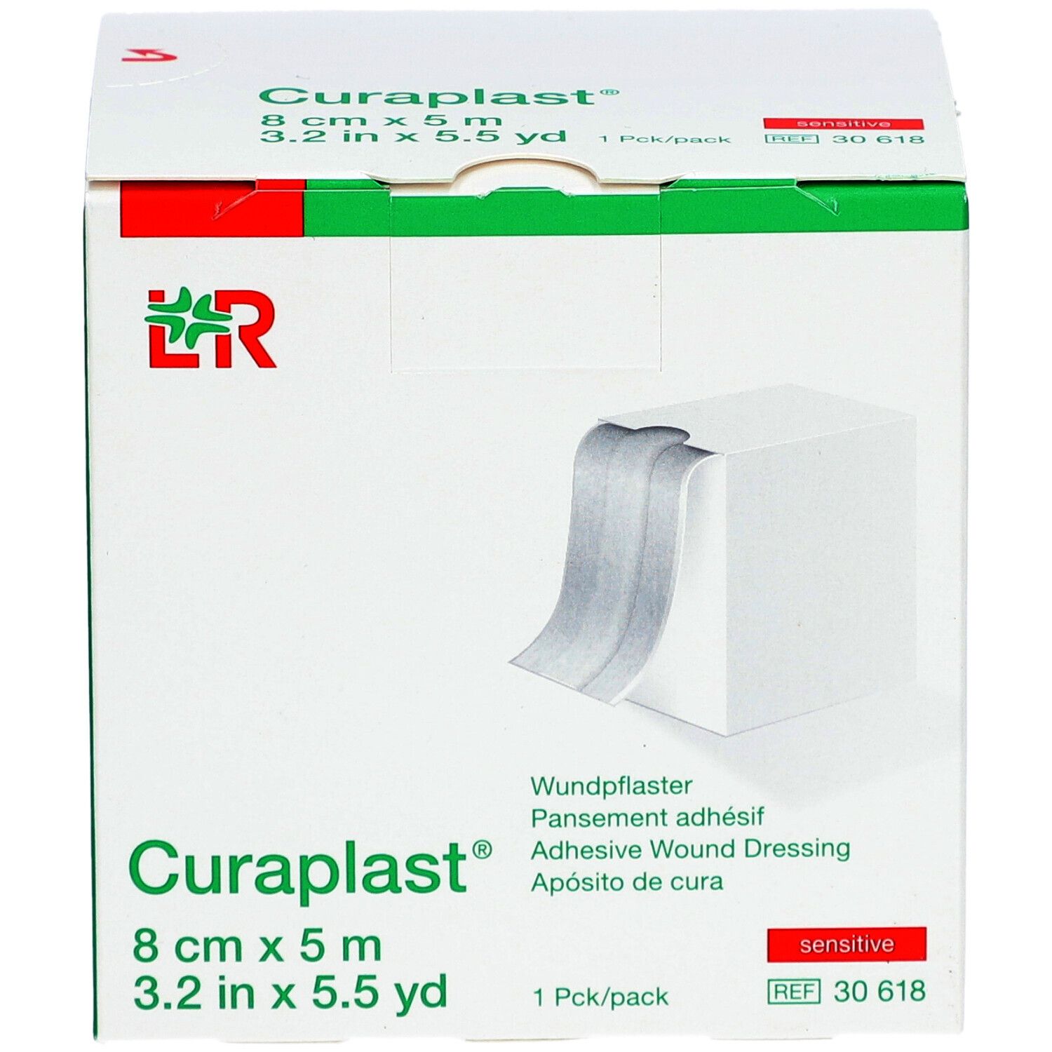 Verpackung von Curaplast Wundschnellverband. Größe: 8 cm x 5 m. Sichtbar: Produktname, Größe, grüne und weiße Box.