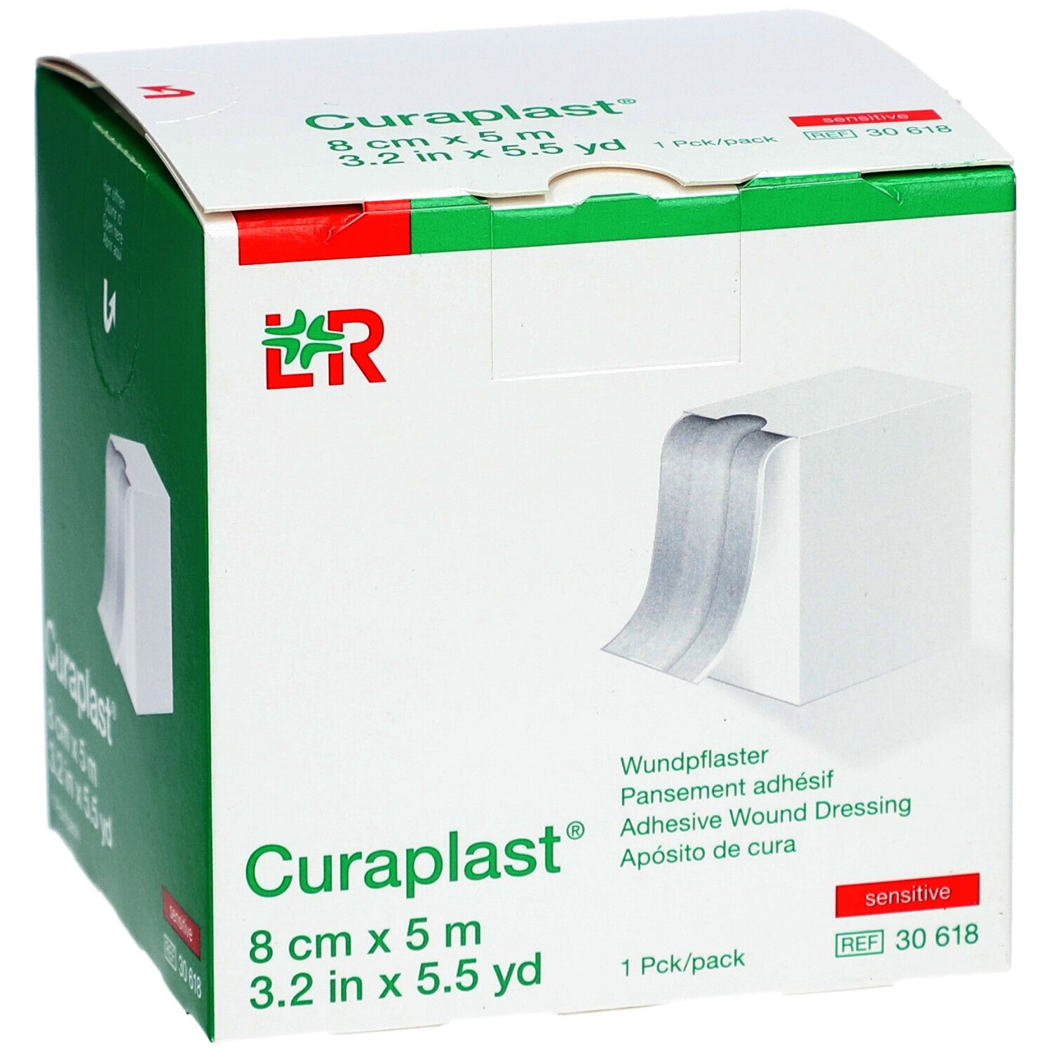 Verpackung von Curaplast Wundschnellverband. Größe: 8 cm x 5 m. Sichtbar: Produktname, Größe, grüne und weiße Box.