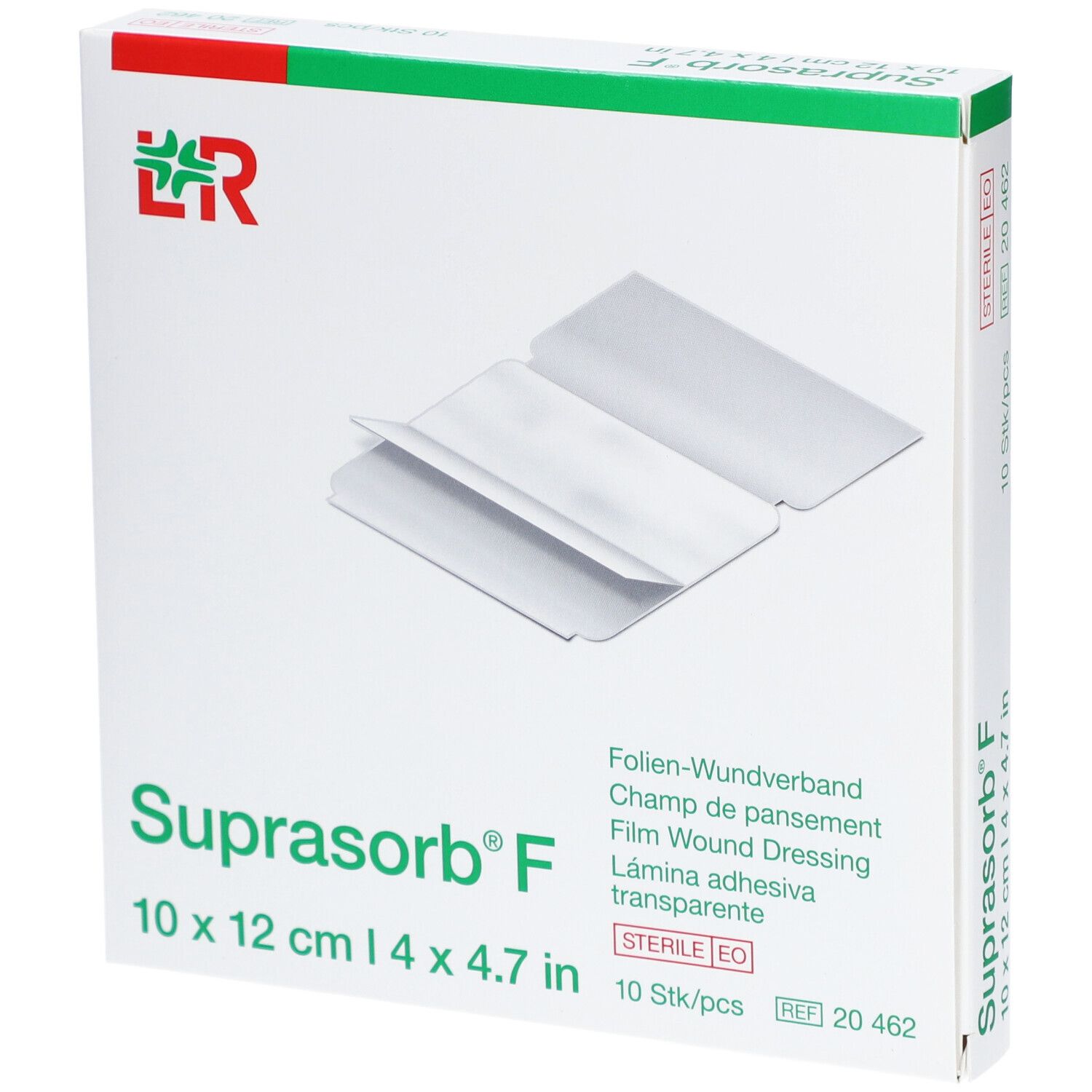 Verpackung von Suprasorb® F, 10 x 12 cm. Enthält 10 sterile Folienverbände. Aufdrucke: Produktname, Größe, Herstellerlogo.