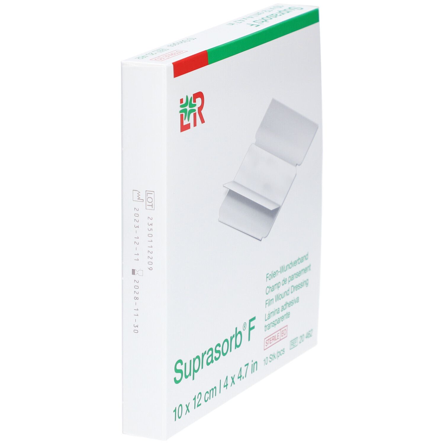 Verpackung von Suprasorb® F, 10 x 12 cm. Aufdrucke: Produktname, Größe, Herstellerlogo. Steril, 10 Stück.