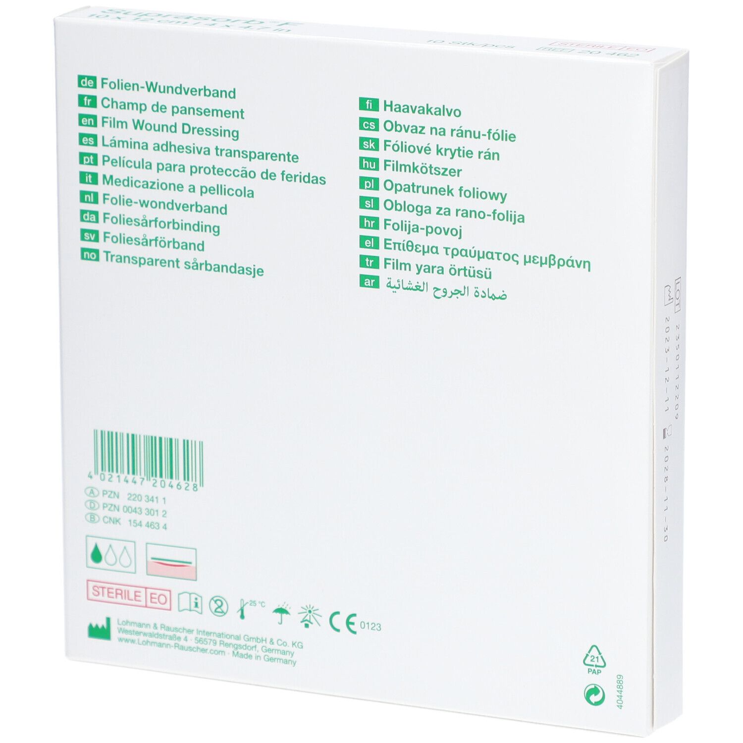 Rückseite der Suprasorb® F Verpackung. Mehrsprachige Produktbezeichnungen. Barcode, Chargennummer, Steril-Kennzeichnung.