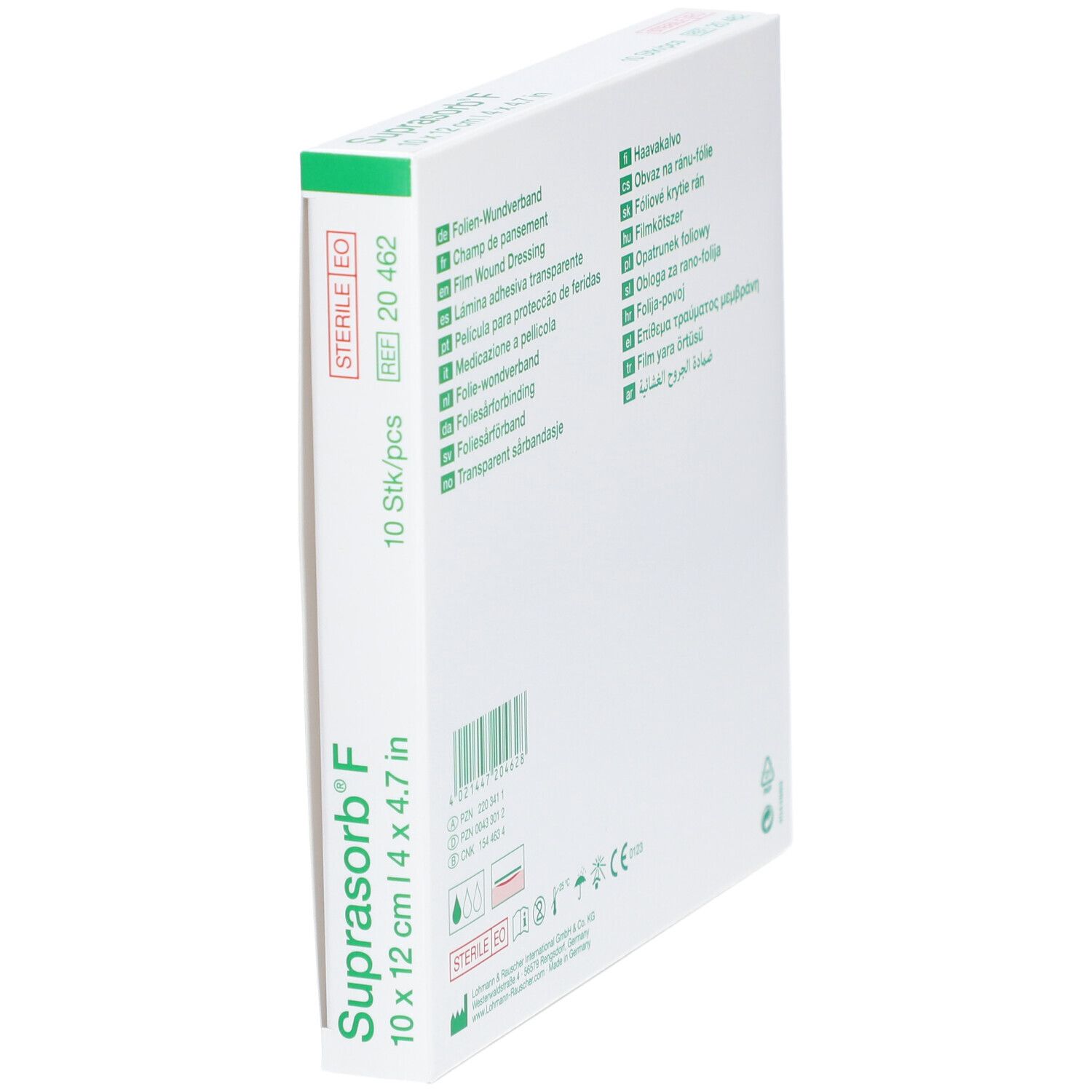 Verpackung von Suprasorb® F, 10 x 12 cm. Aufdrucke: Produktname, Größe, Herstellerlogo. Steril, 10 Stück.