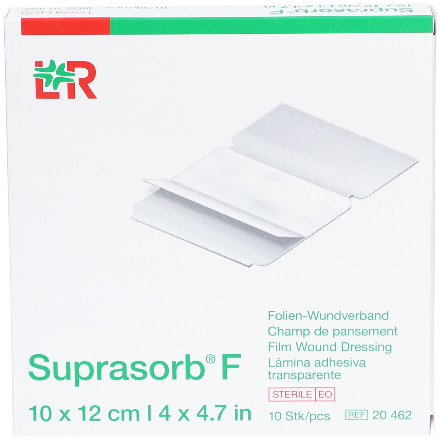 Verpackung von Suprasorb® F, 10 x 12 cm. Enthält 10 sterile Folienverbände. Aufdrucke: Produktname, Größe, Herstellerlogo.
