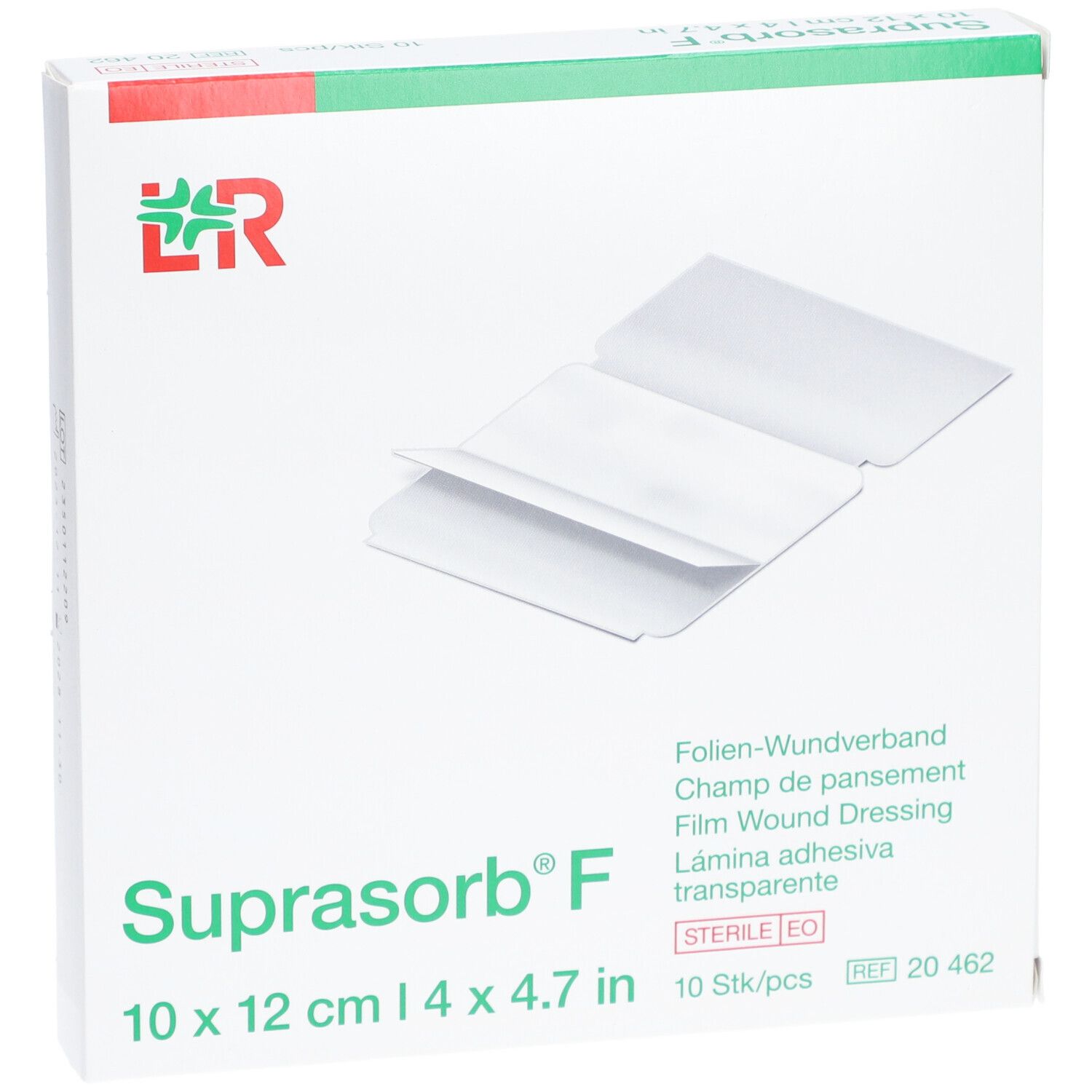 Verpackung von Suprasorb® F, 10 x 12 cm. Enthält 10 sterile Folienverbände. Aufdrucke: Produktname, Größe, Herstellerlogo.