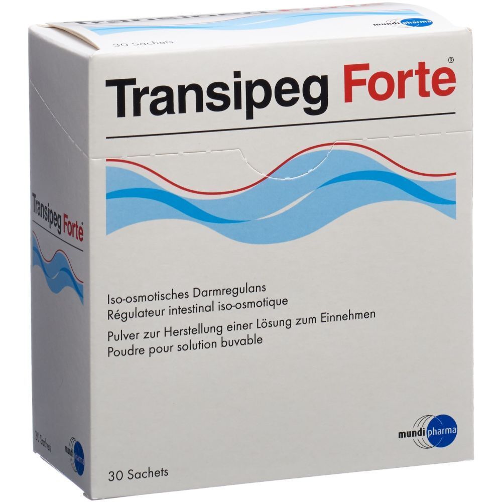 Weiße Schachtel mit blauen Wellen und roter Linie. Aufschrift: Transipeg Forte. Enthält 30 Sachets. Mundi Pharma Logo.