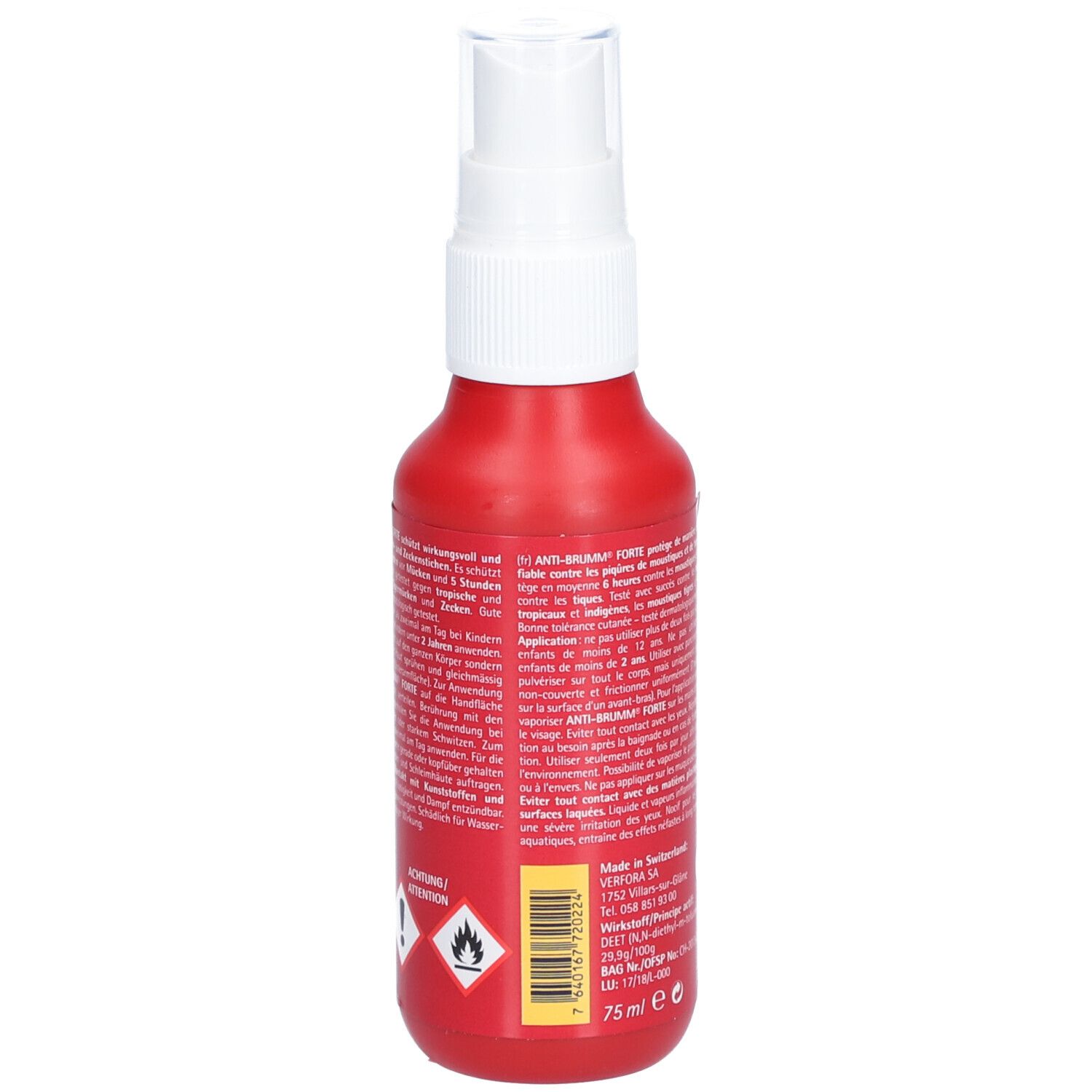 Flacon spray rouge avec tête blanche. Dos avec texte et symboles d'avertissement. Volume: 75 ml.