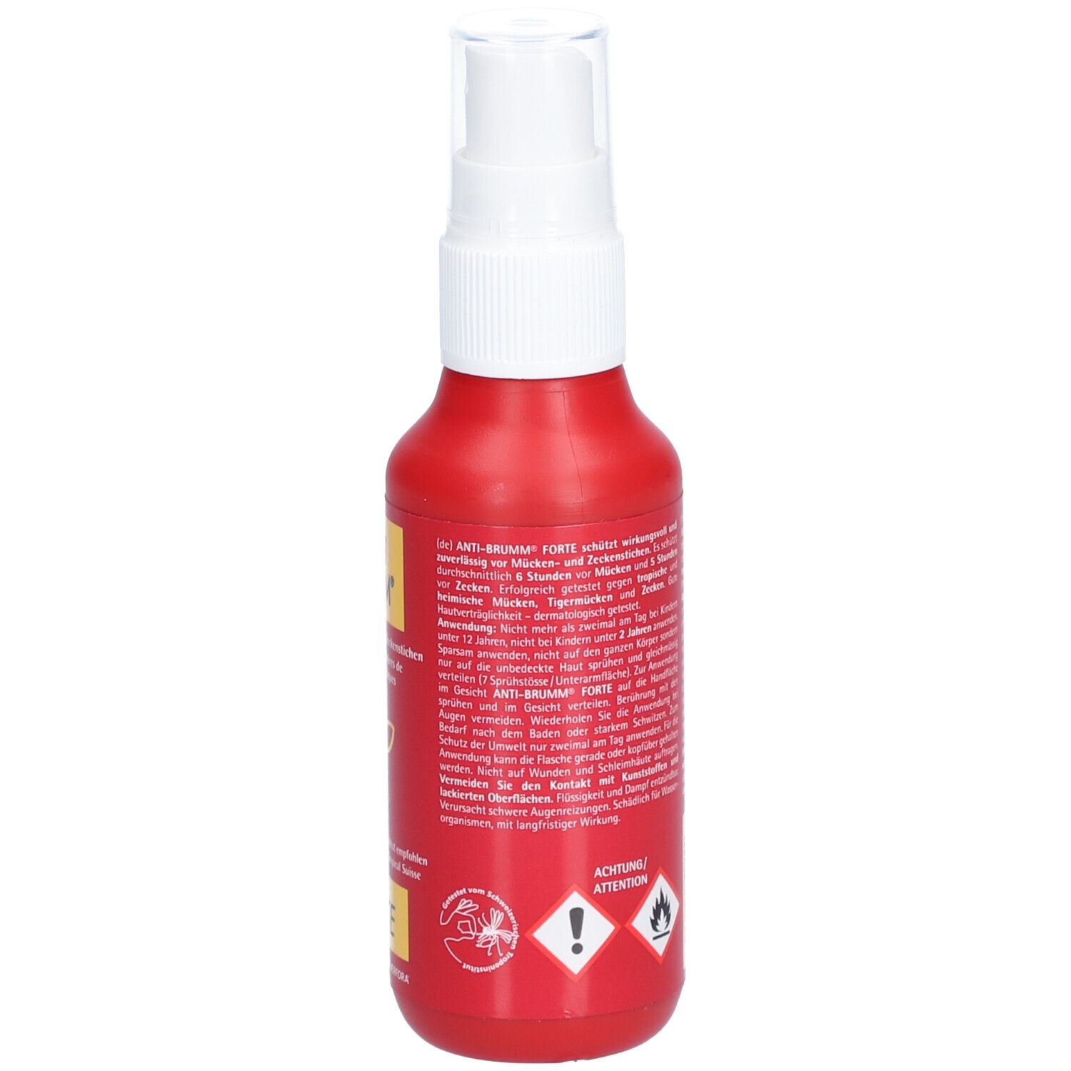 Flacon spray rouge avec tête blanche. Inscription: ANTI BRUMM® FORTE. Logo avec insecte.