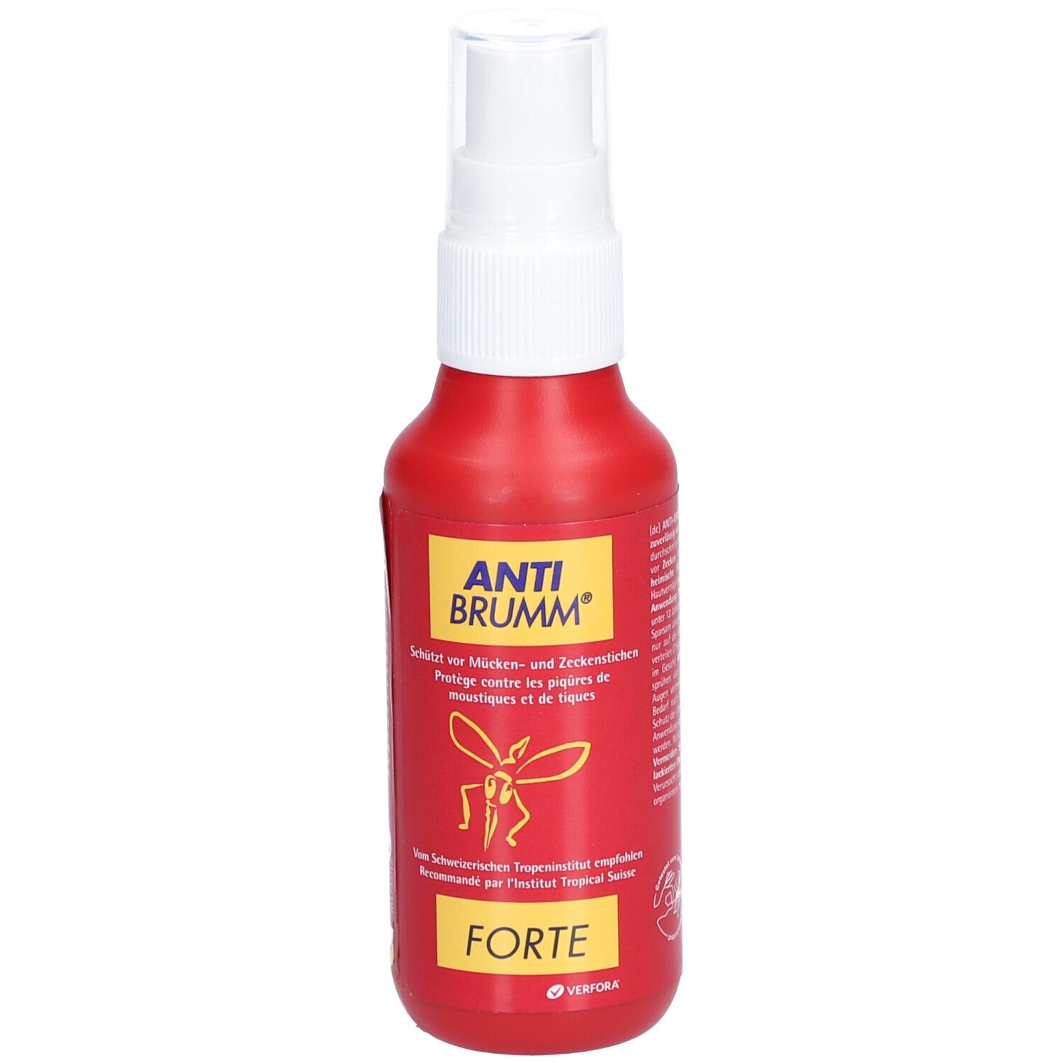 Flacon spray rouge avec tête blanche. Inscription: ANTI BRUMM® FORTE. Logo avec insecte.