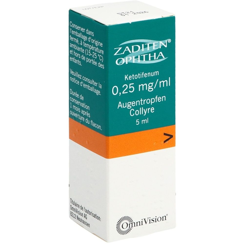 Kartonverpackung. Grün-weiß-orangefarben. Beschriftung: ZADITEN Ophtha Gtt Opht Fl 5 ml. Kleines Format.
