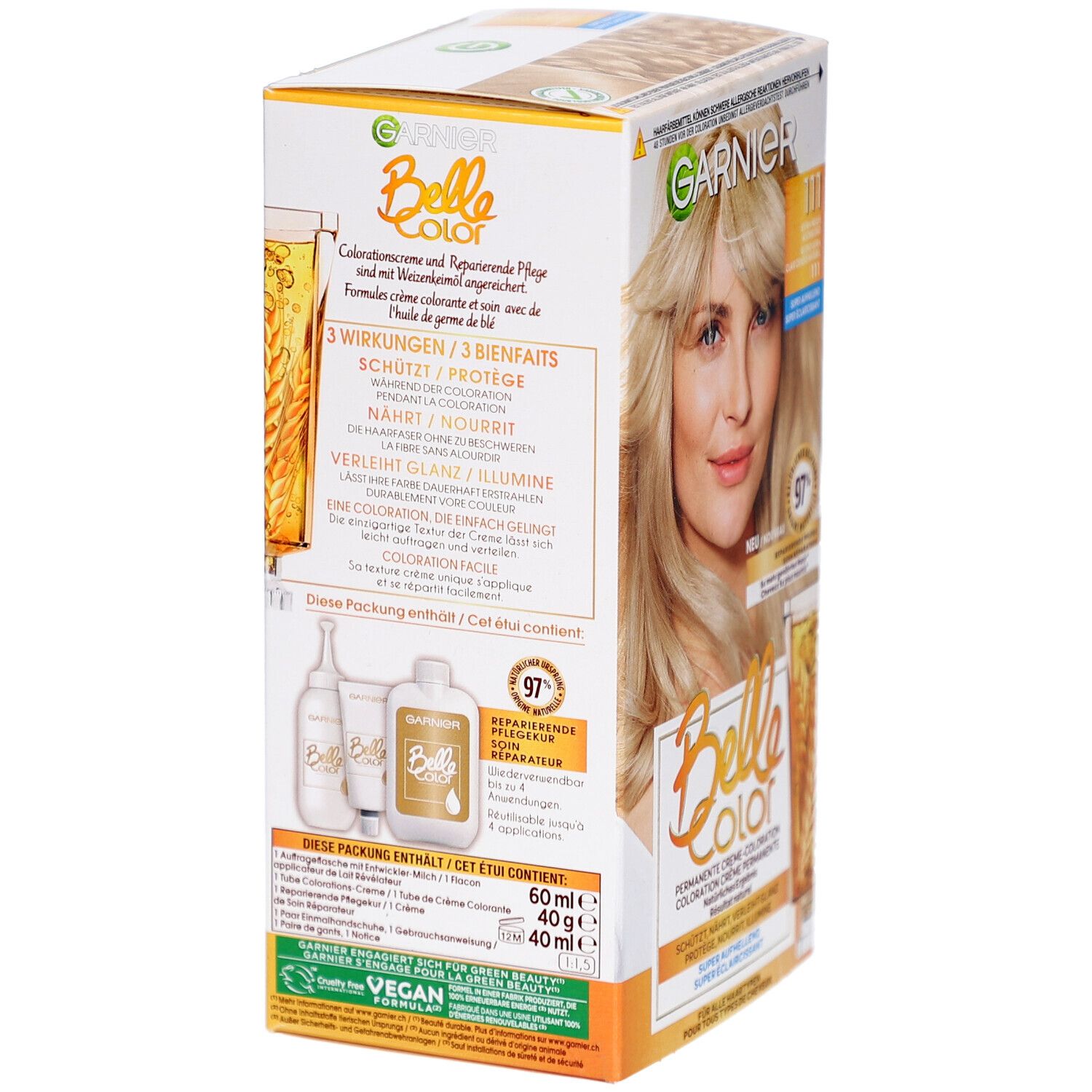 Boîte Garnier Belle Color. Arrière avec informations produit. Contient 60ml crème, 40ml révélateur. Logo vegan.