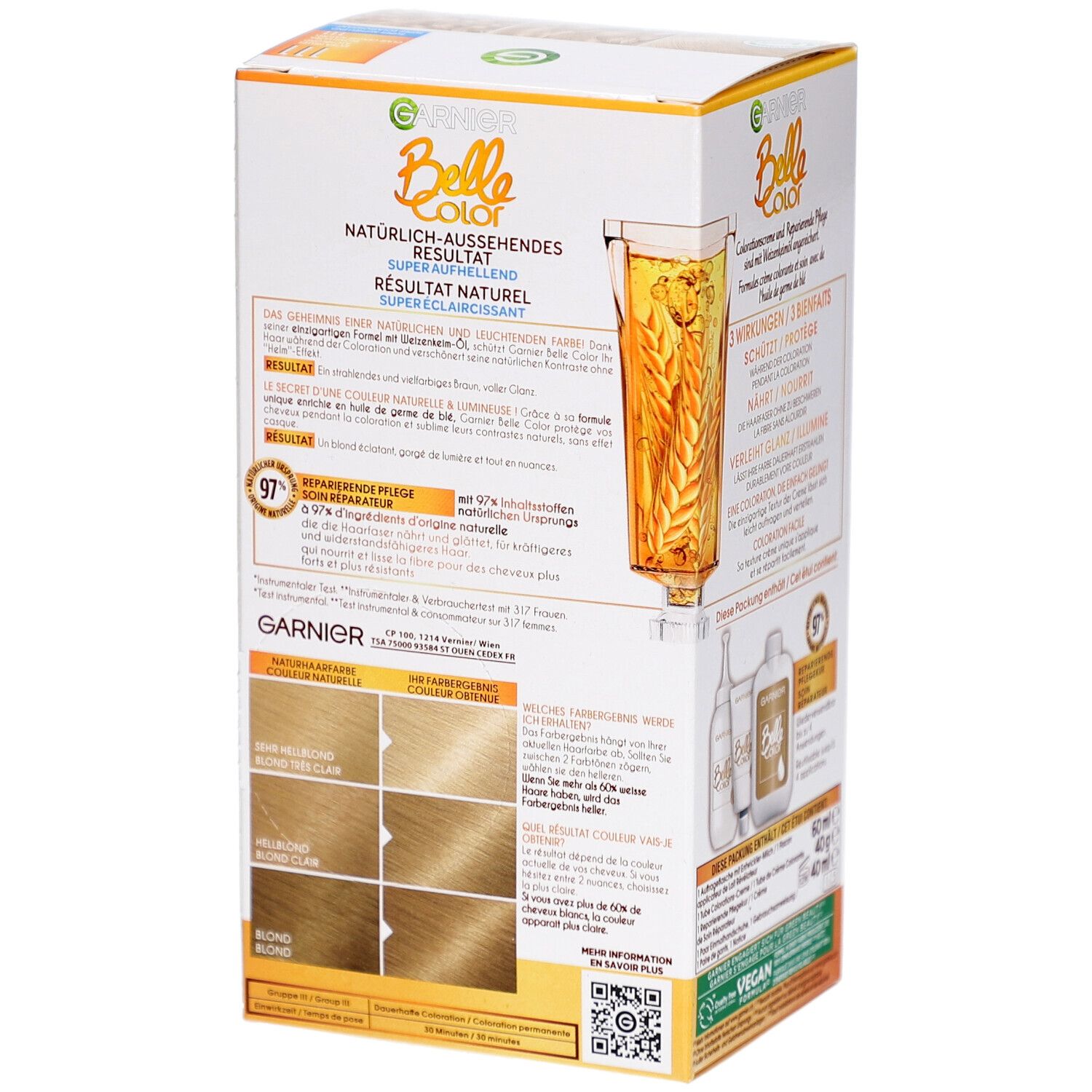 Boîte Garnier Belle Color. Arrière avec exemples de couleurs. Texte: Résultat naturel. 97% réparation.