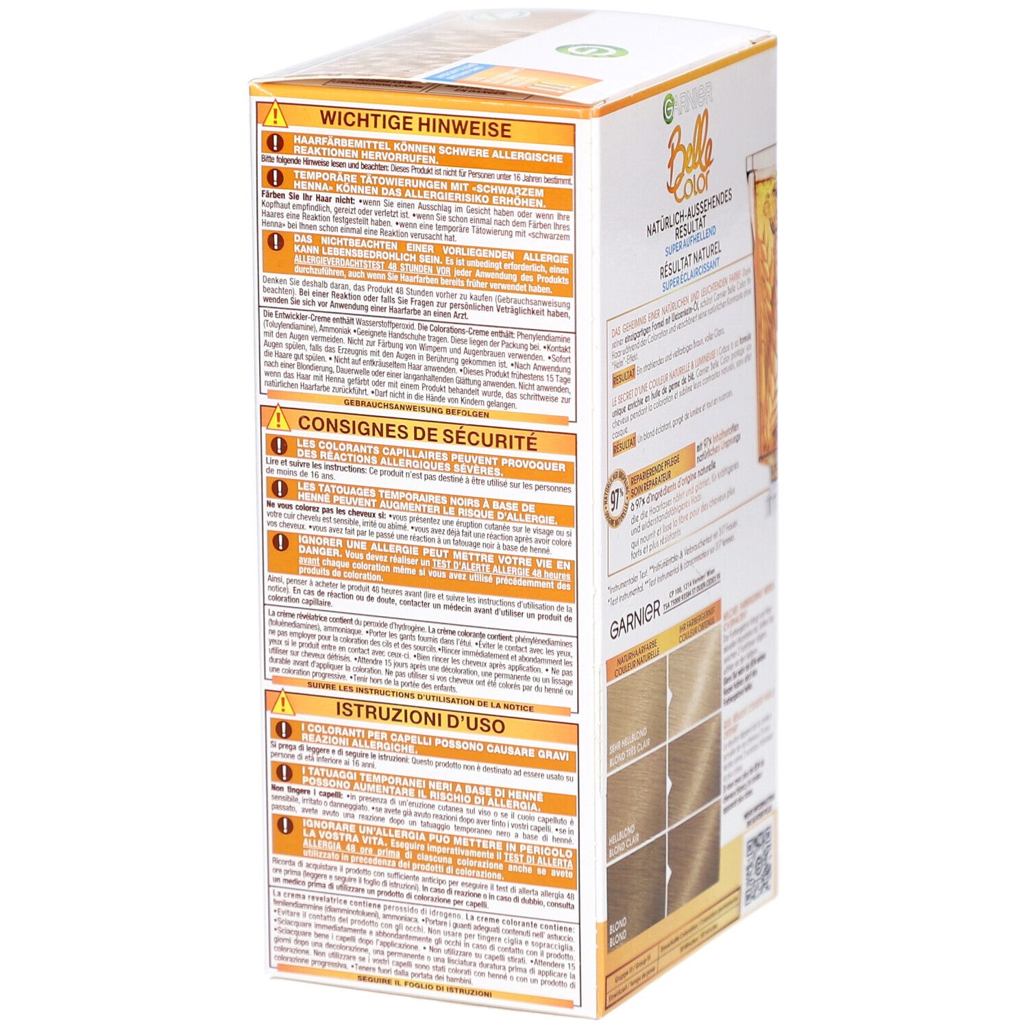 Boîte Garnier Belle Color. Arrière avec avertissements et mode d'emploi. Texte: Consignes de sécurité.