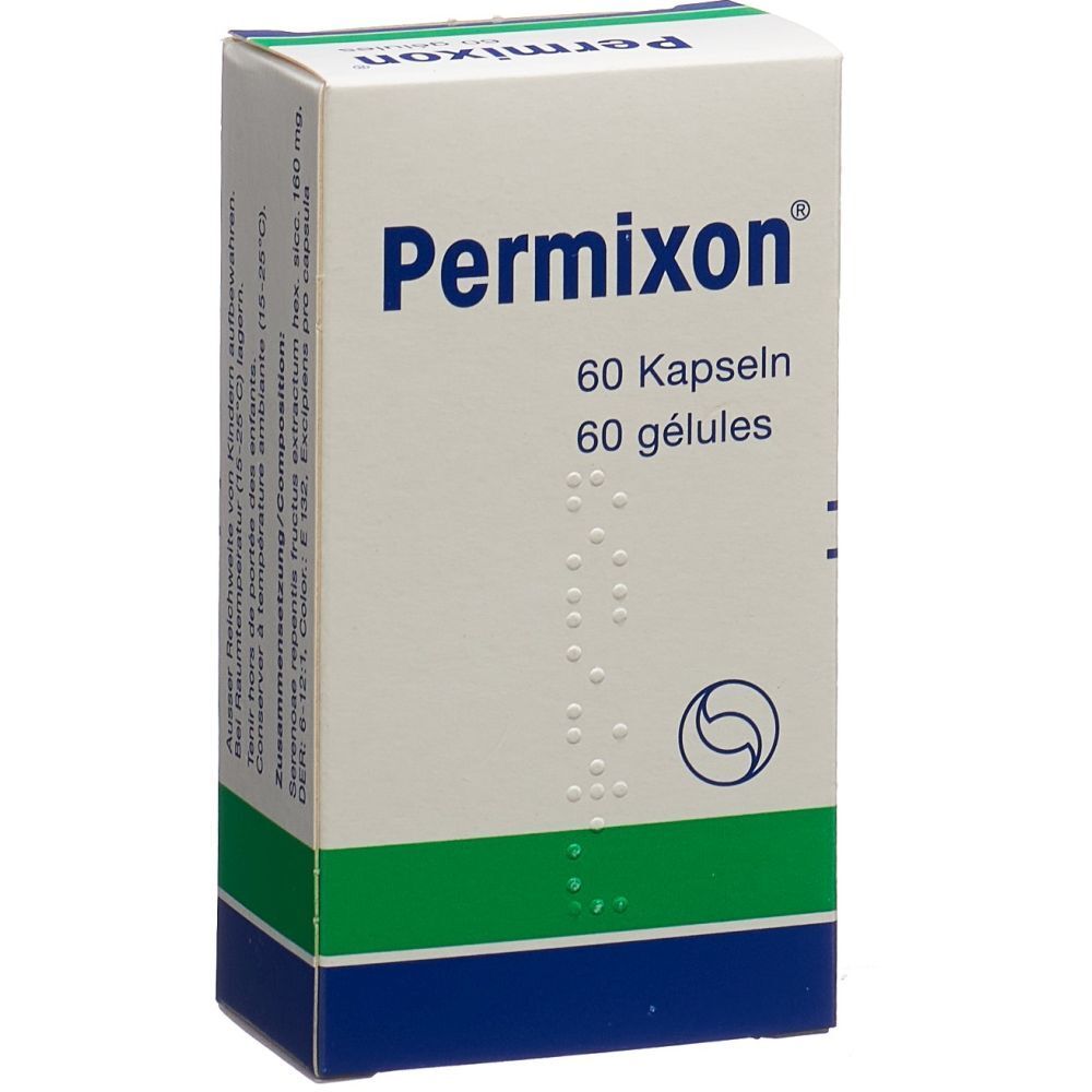 Weiß-blaue Schachtel mit "Permixon"-Logo. Enthält 60 Kapseln. Text in Deutsch und Französisch. Apothekenprodukt.