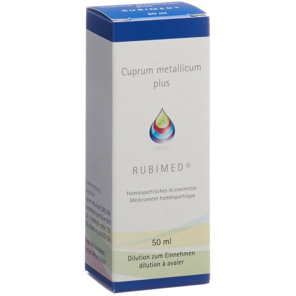 Karton mit Produktaufschrift "Cuprum metallicum plus". Logo und Text "RUBIMED". 50 ml. Homöopathisches Arzneimittel.