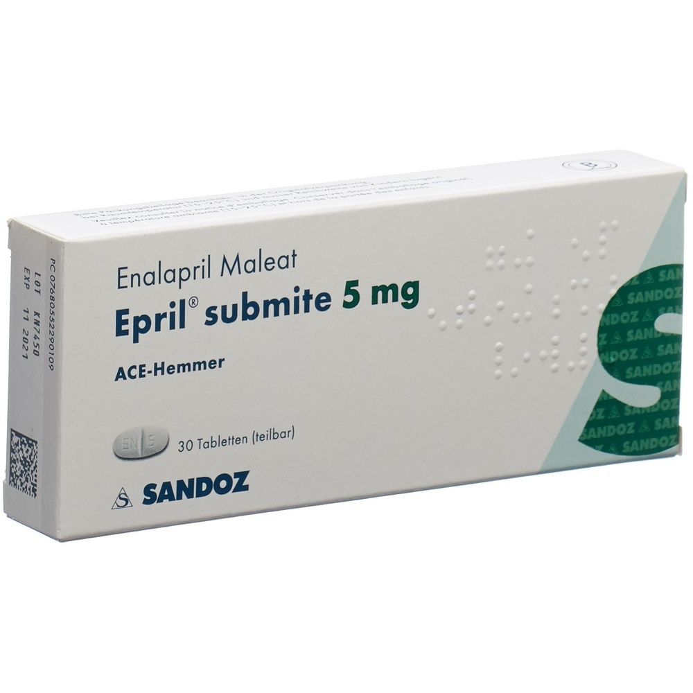 Schachtel mit Medikamenten. Aufschrift: EPRIL submite Tabl 5 mg. Grün-weiße Verpackung. Herstellerlogo.