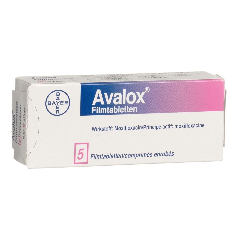 Verpackung von AVALOX Filmtabletten. Enthält 5 Tabletten. Bayer-Logo. Produktname und Wirkstoffinformationen sind aufgedruckt.