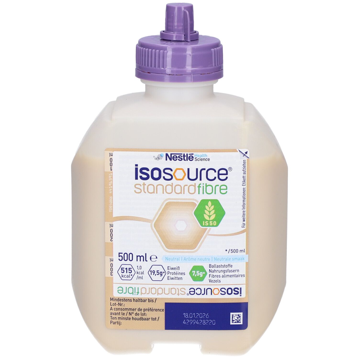 Flasche Isosource Standard Fibre mit lila Verschluss. Enthält 500 ml. Aufdrucke: Nestle Health Science, Nährwertangaben.